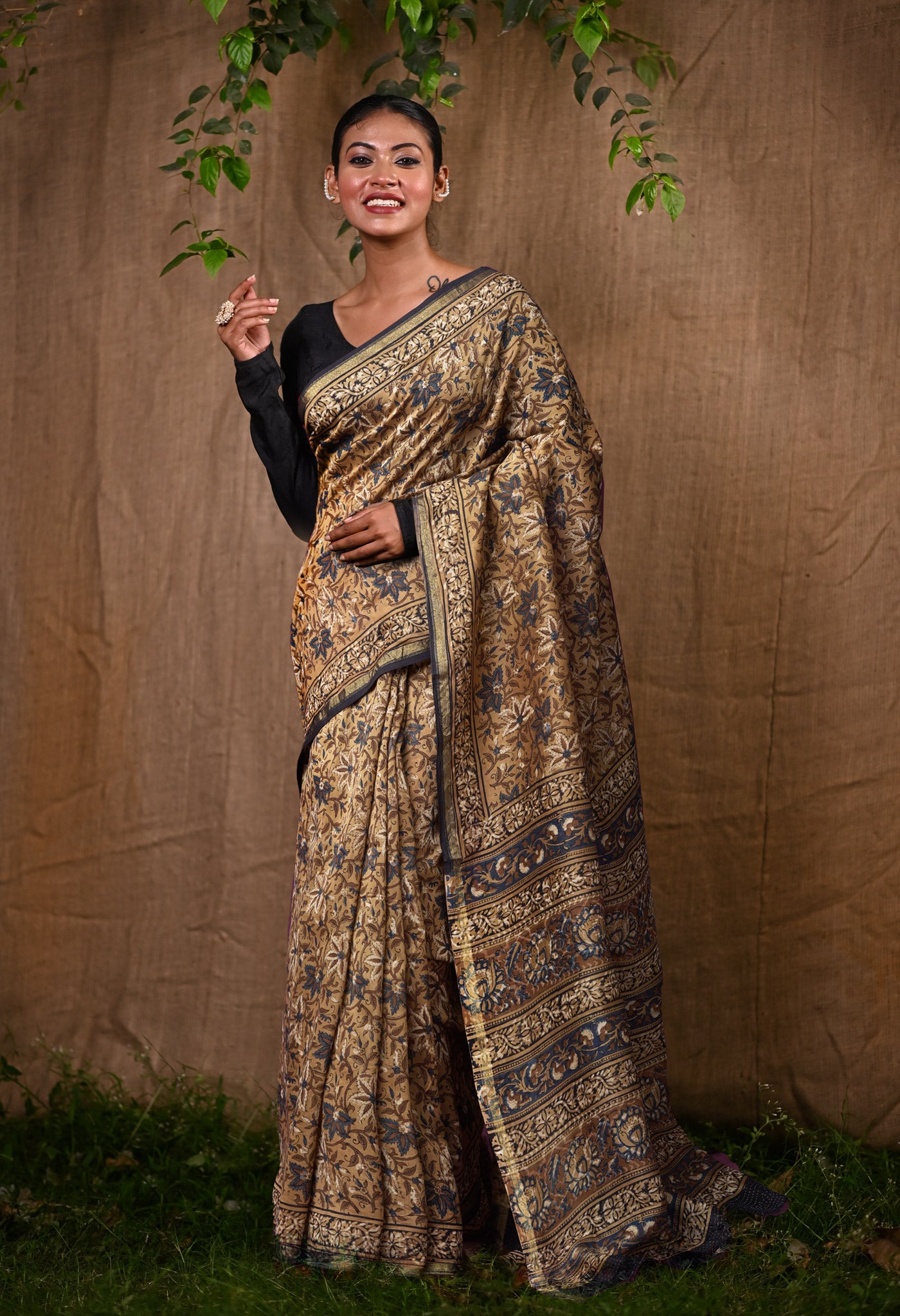 Brown Pure Bagru Block Printed Chanderi Sico Saree-UNM82697