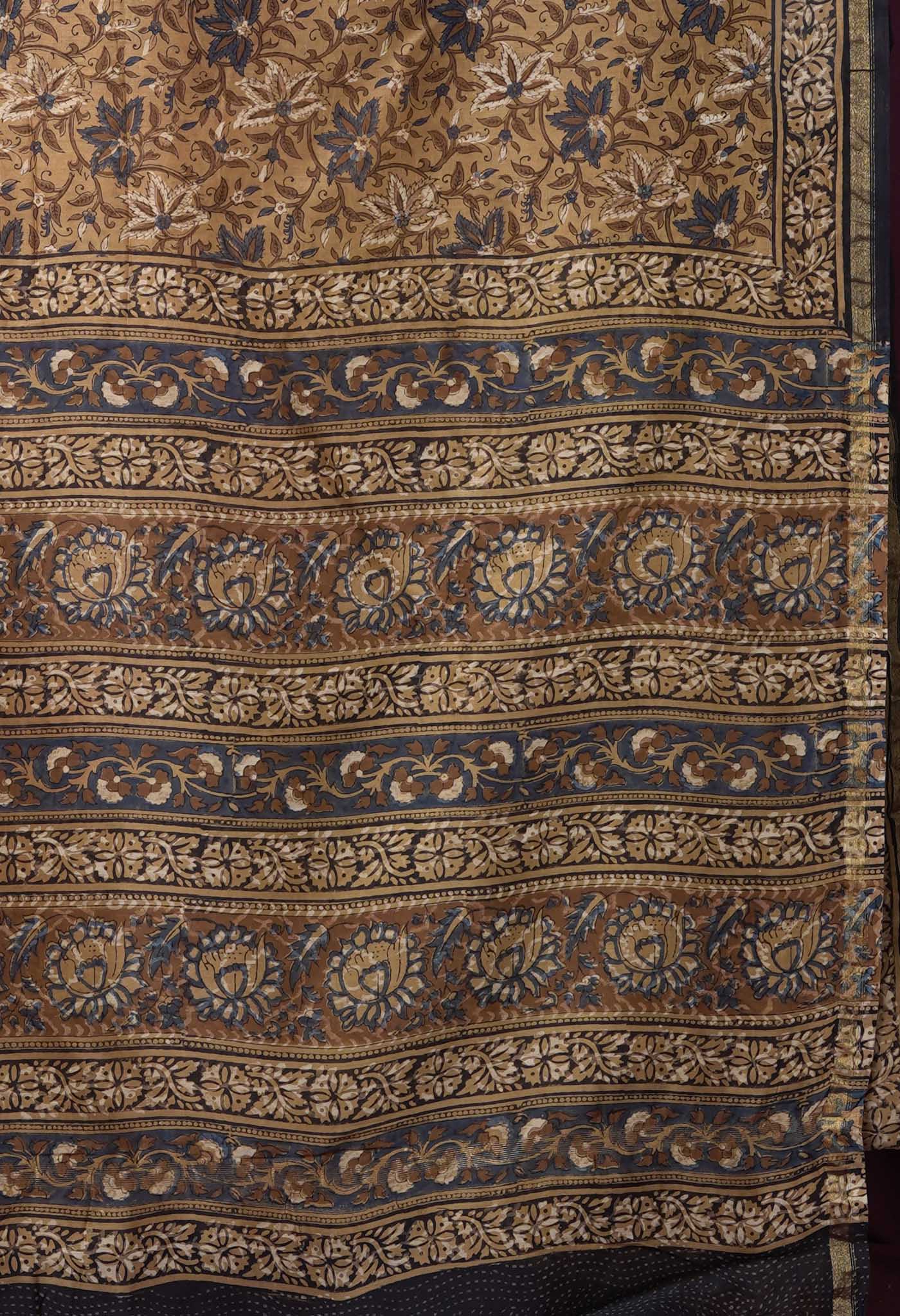 Brown Pure Bagru Block Printed Chanderi Sico Saree-UNM82697