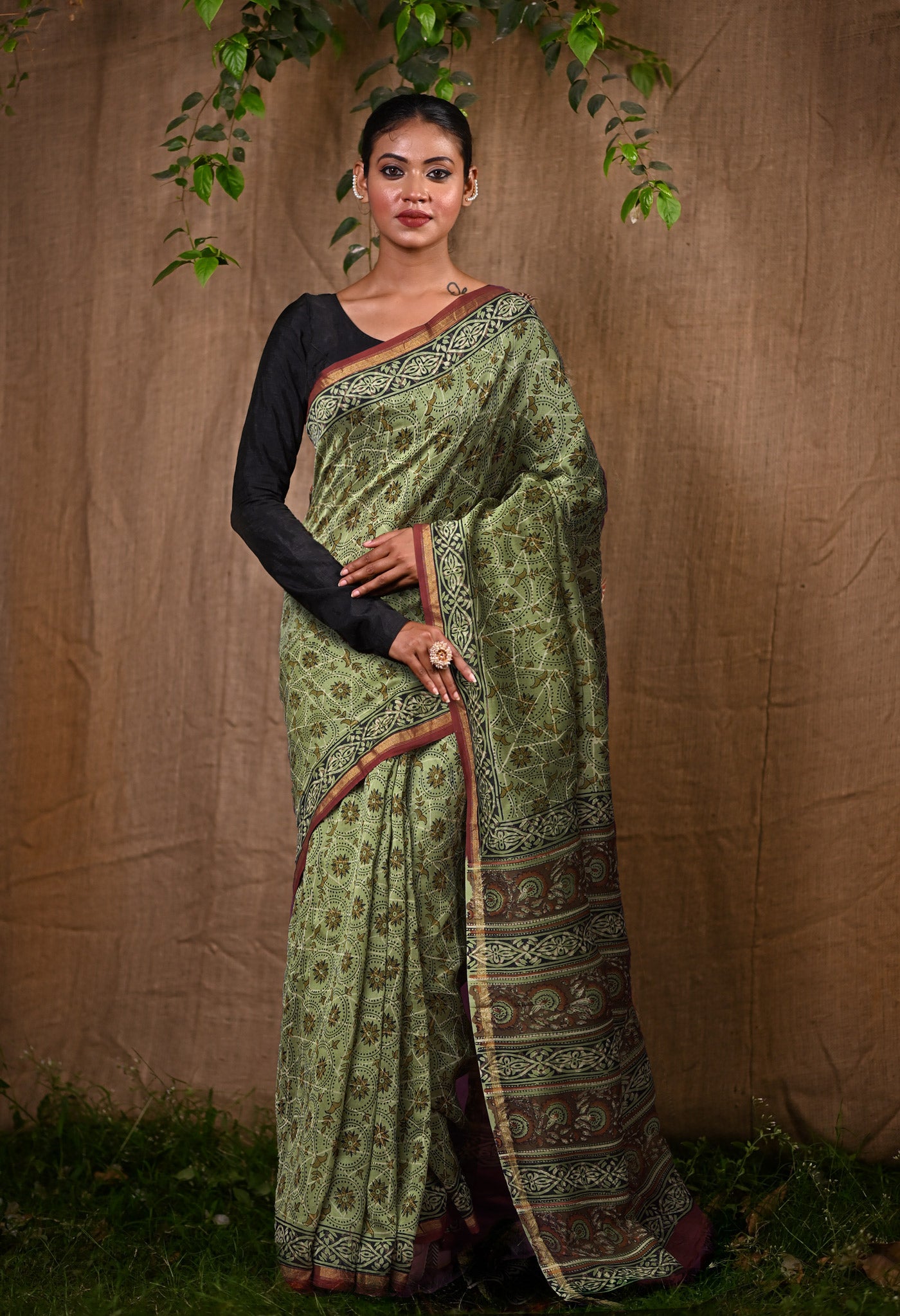 Green Pure Bagru Block Printed Chanderi Sico Saree-UNM82698