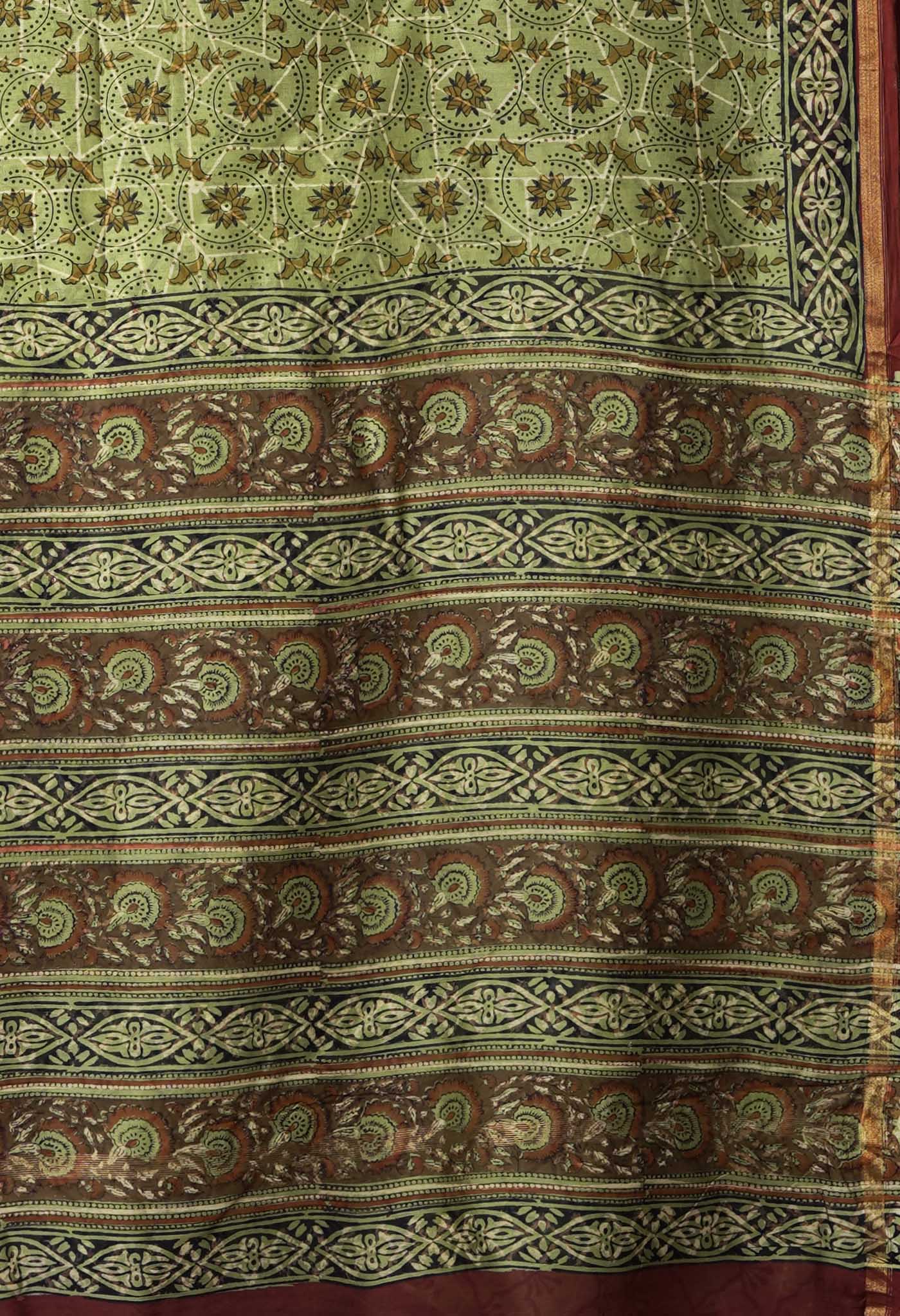 Green Pure Bagru Block Printed Chanderi Sico Saree-UNM82698