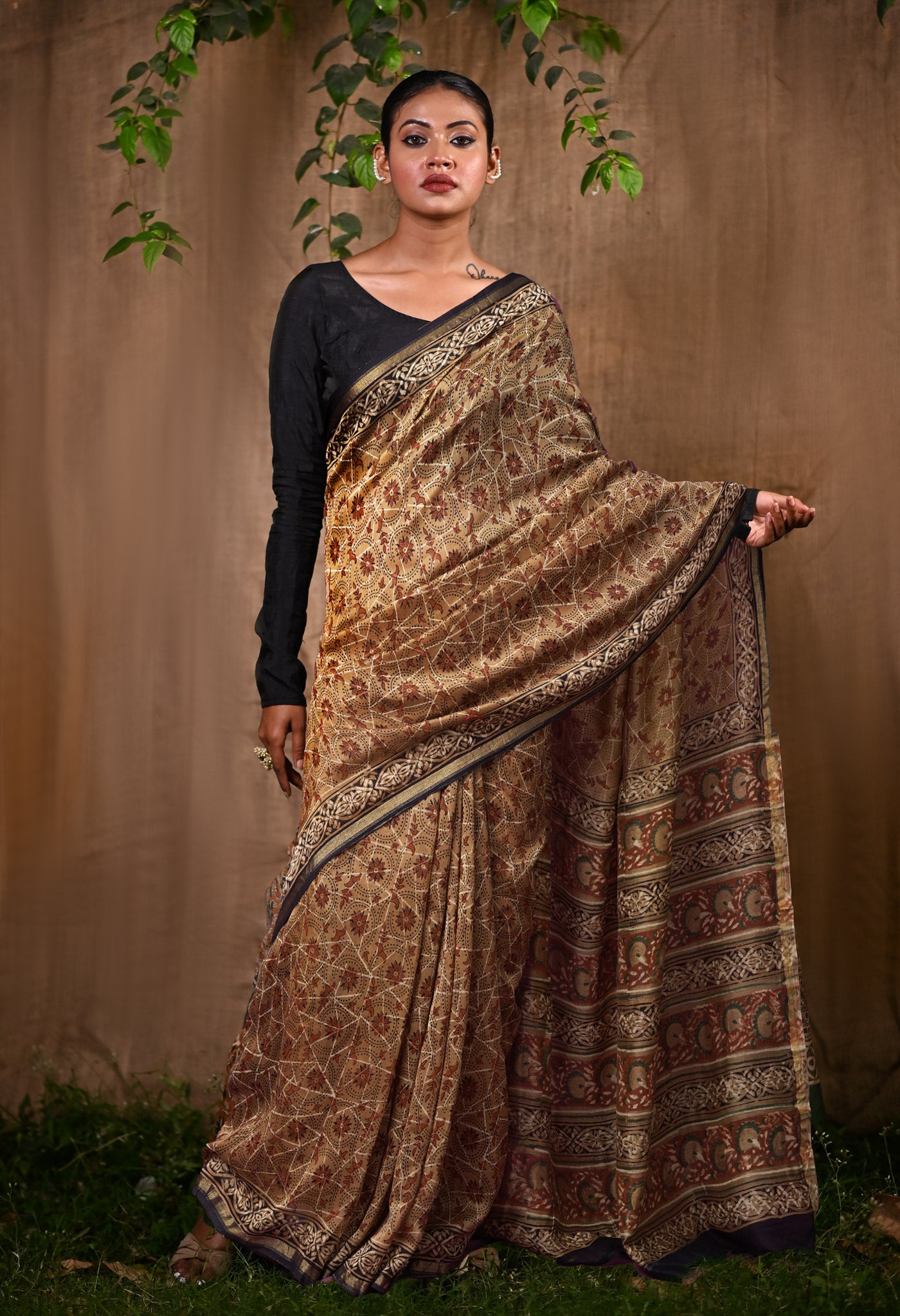 Brown Pure Bagru Block Printed Chanderi Sico Saree-UNM82700