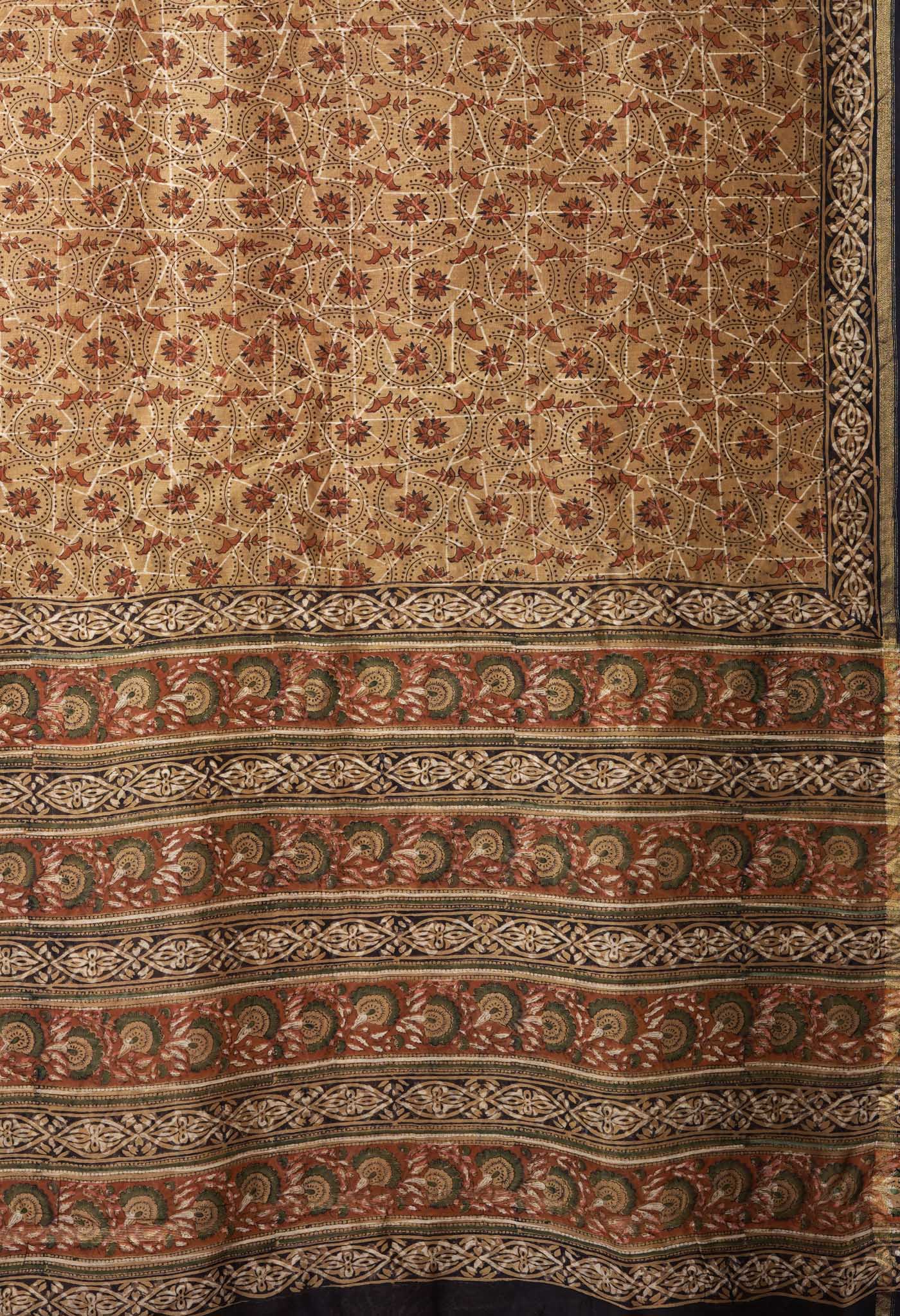 Brown Pure Bagru Block Printed Chanderi Sico Saree-UNM82700