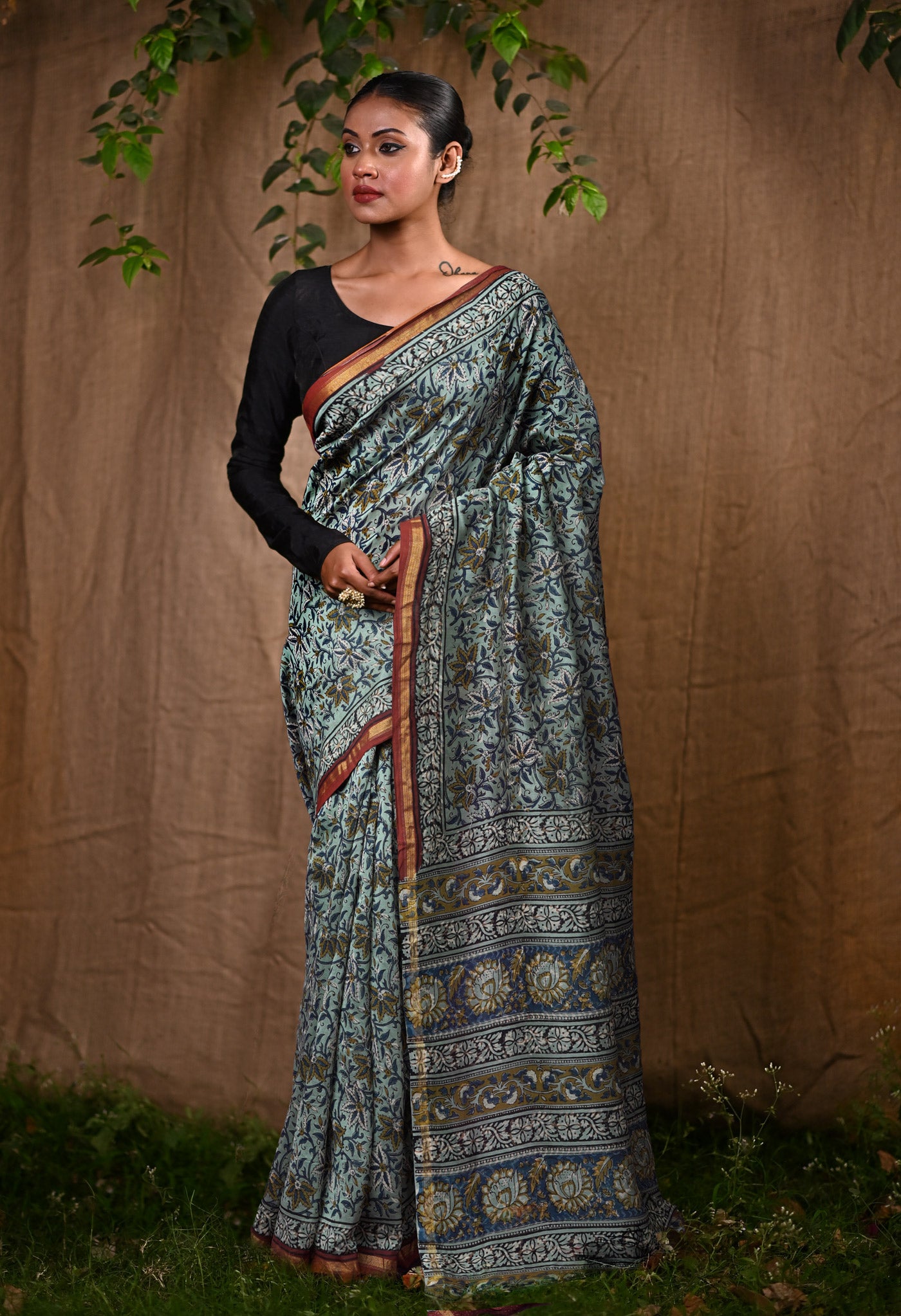 Pale Blue Pure Bagru Block Printed Chanderi Sico Saree-UNM82701