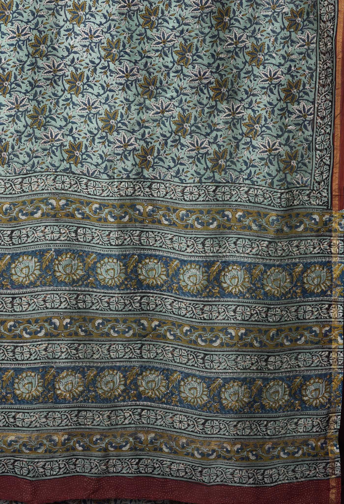 Pale Blue Pure Bagru Block Printed Chanderi Sico Saree-UNM82701