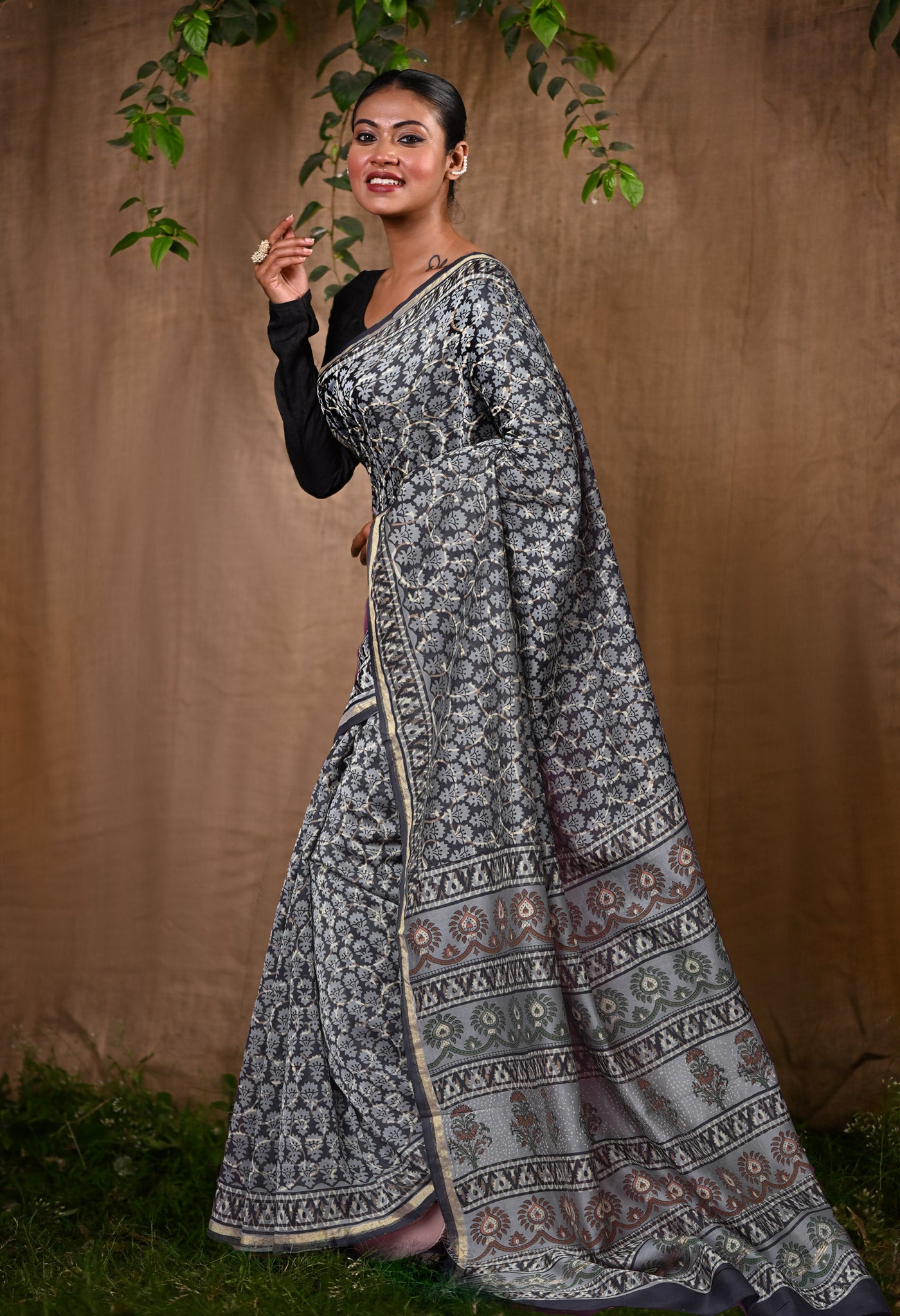Black Pure Bagru Block Printed Chanderi Sico Saree-UNM82702