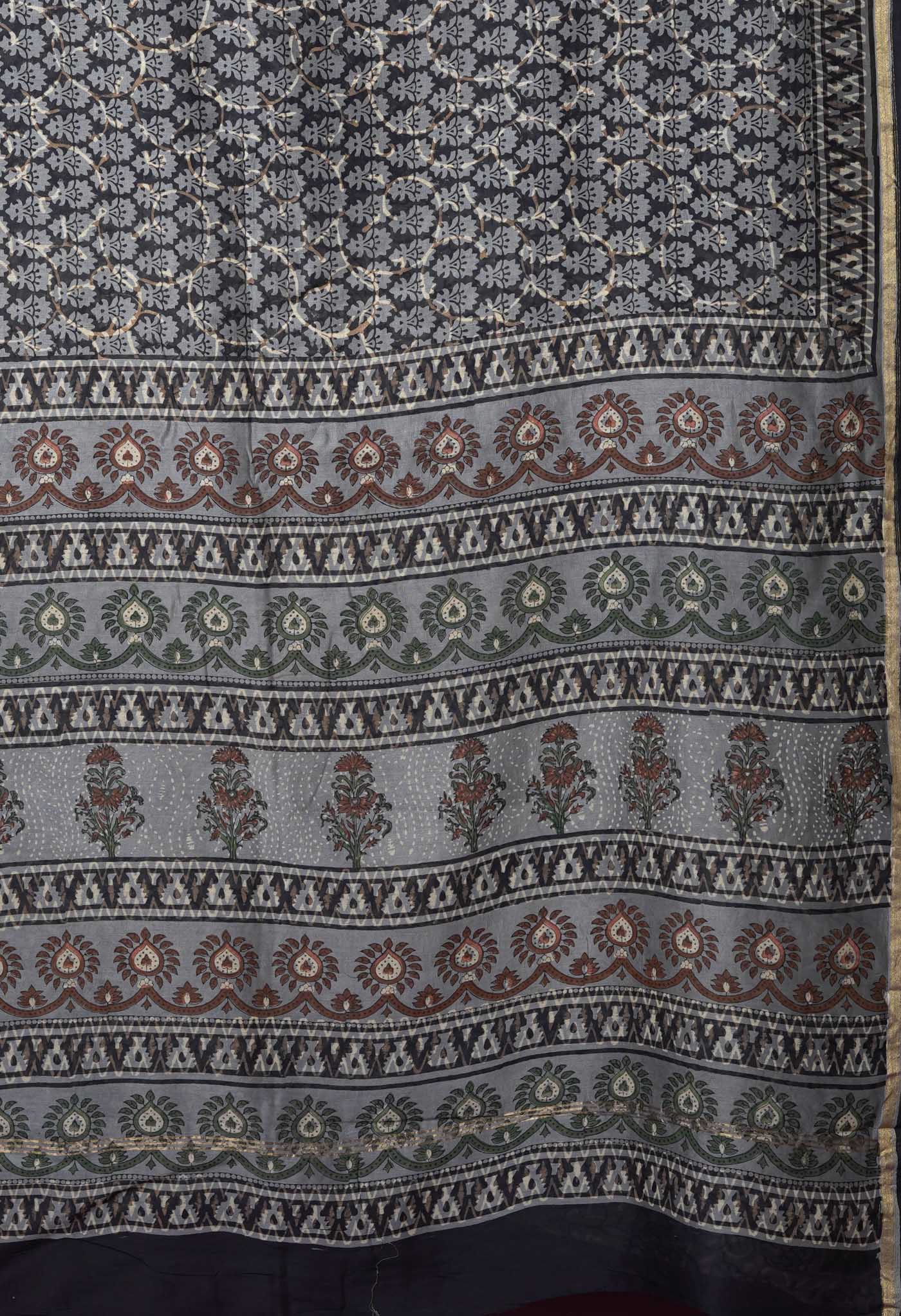 Black Pure Bagru Block Printed Chanderi Sico Saree-UNM82702