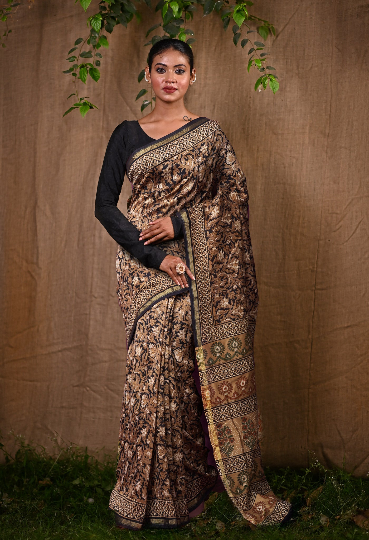 Black Pure Bagru Block Printed Chanderi Sico Saree-UNM82703
