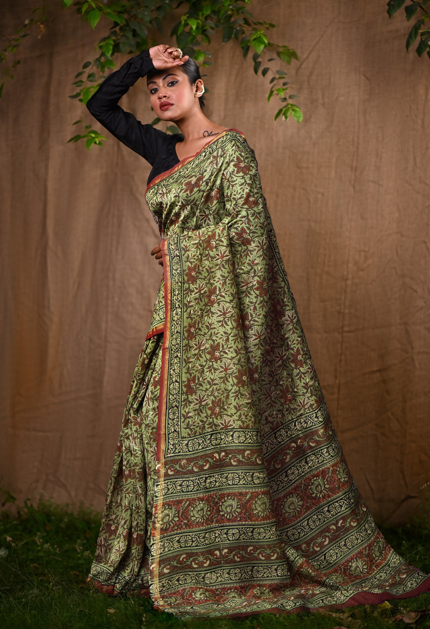 Green Pure Bagru Block Printed Chanderi Sico Saree-UNM82705