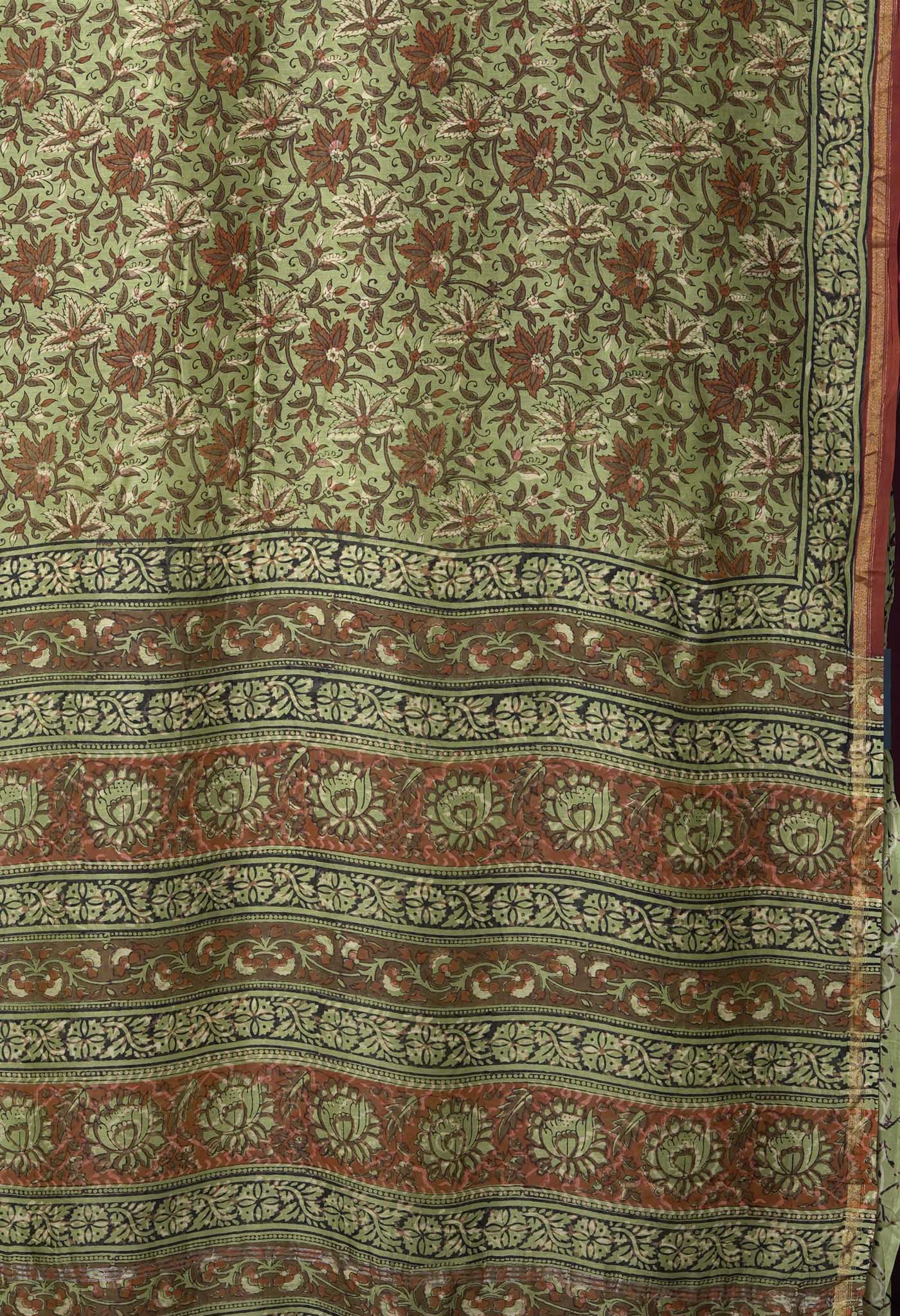 Green Pure Bagru Block Printed Chanderi Sico Saree-UNM82705