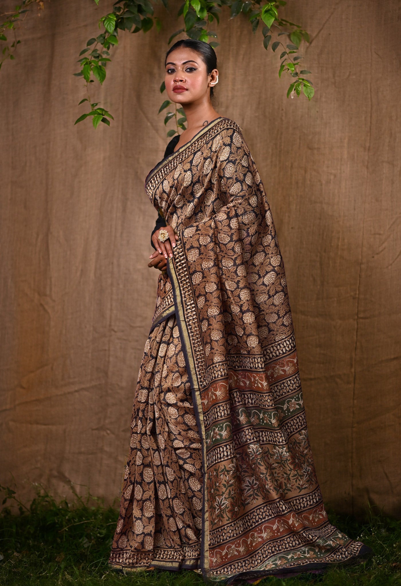 Black Pure Bagru Block Printed Chanderi Sico Saree-UNM82706