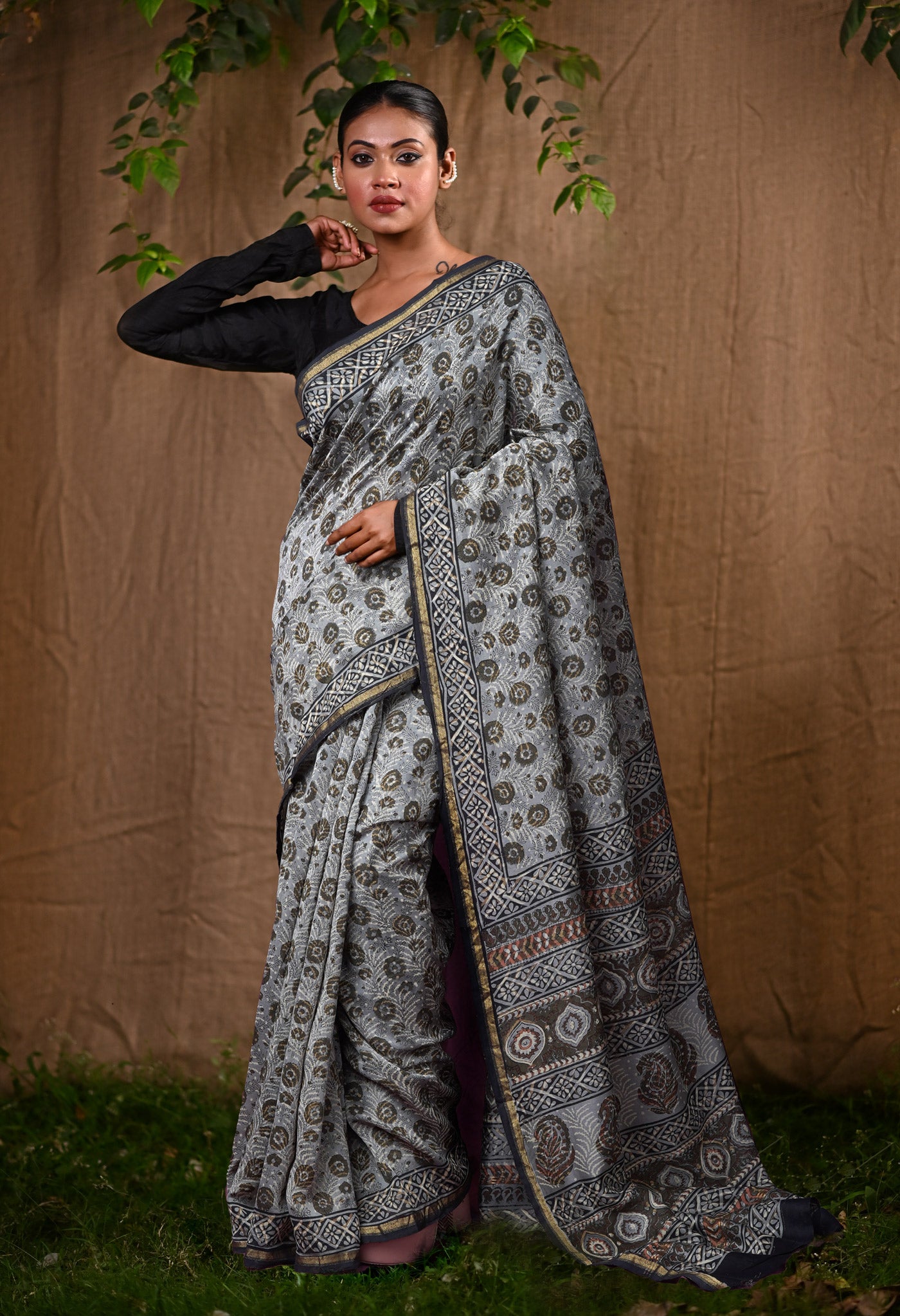 Grey Pure Bagru Block Printed Chanderi Sico Saree-UNM82708