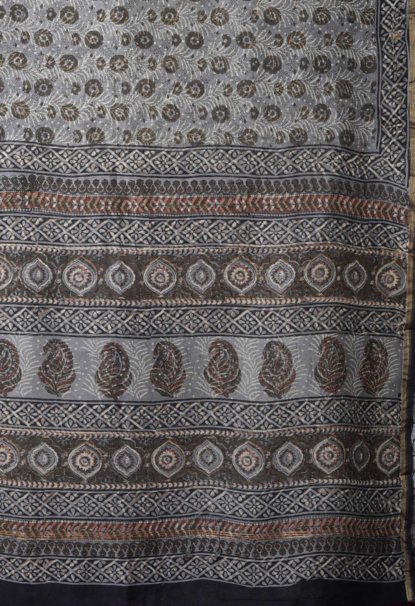 Grey Pure Bagru Block Printed Chanderi Sico Saree-UNM82708