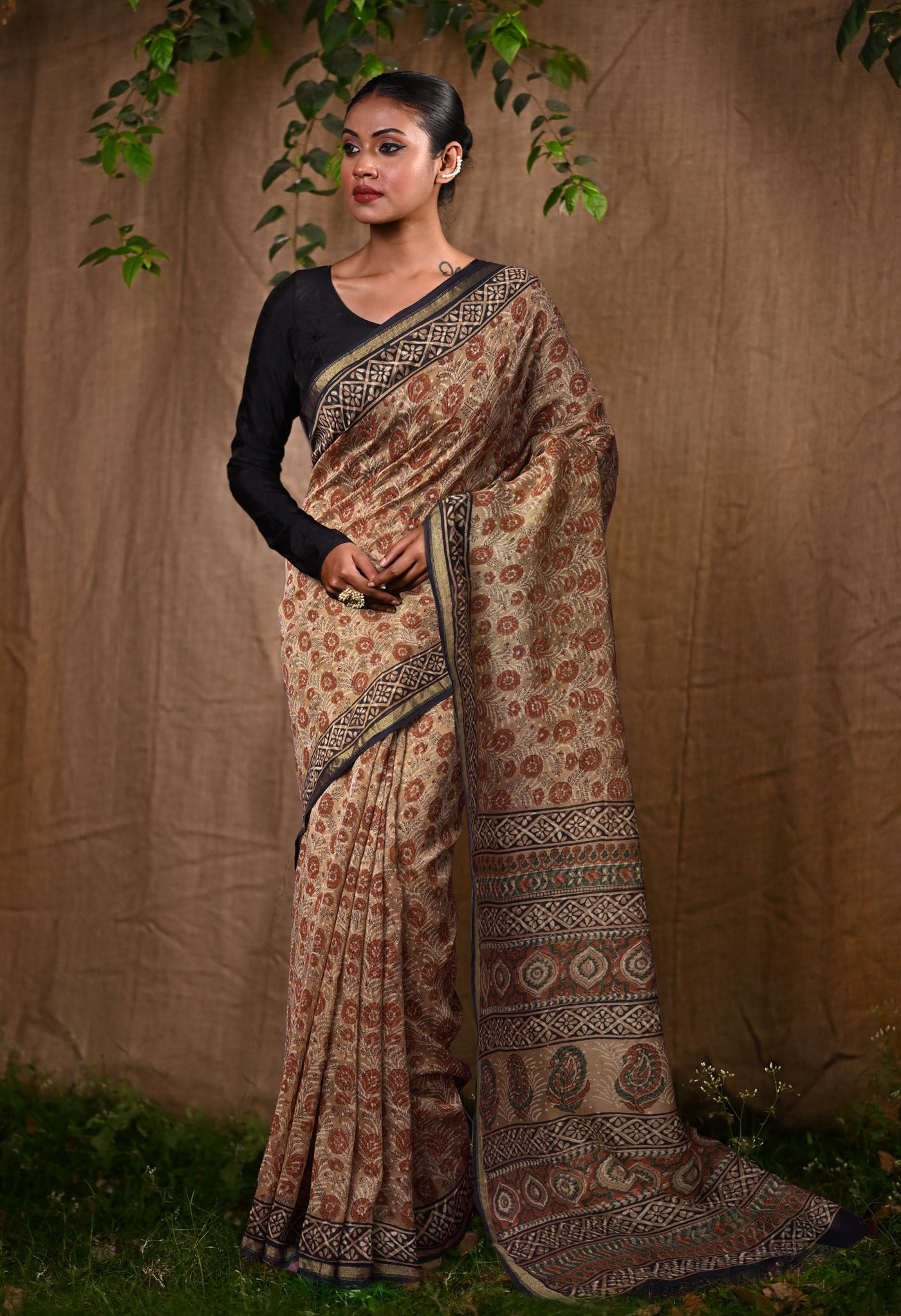 Brown Pure Bagru Block Printed Chanderi Sico Saree-UNM82709