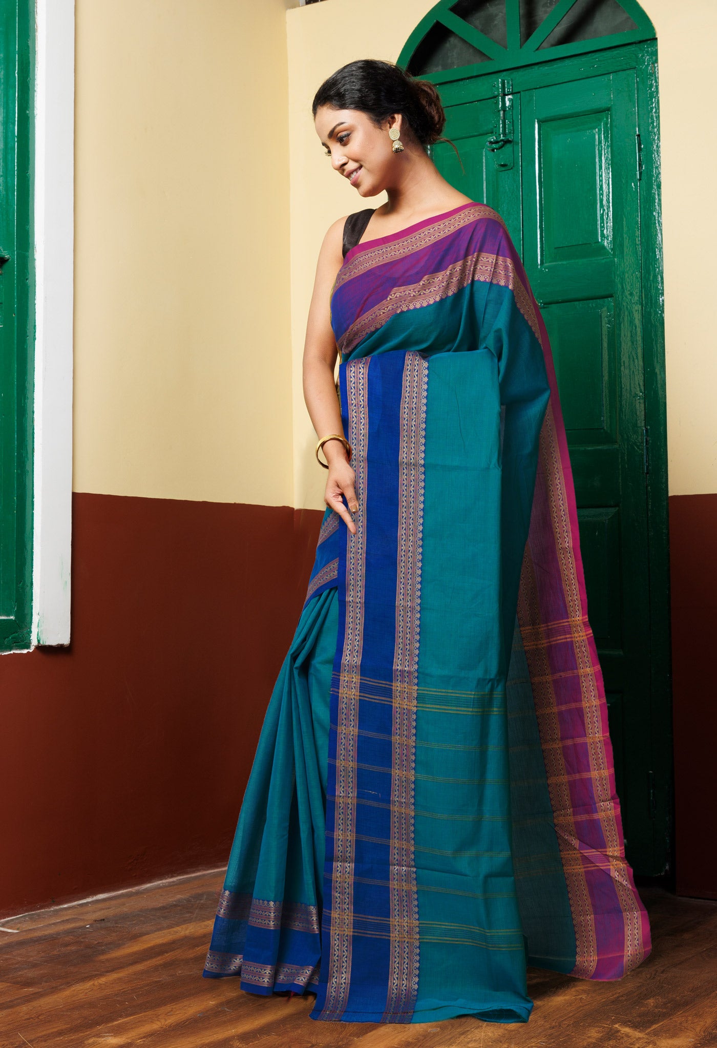 Peacock Blue Pure Pavani Handcrafted Kanchi Cotton Saree-UNM82712