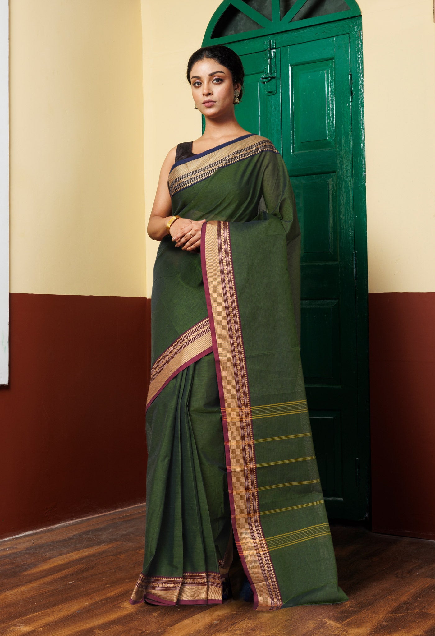 Olive Green Pure Pure Pavani Handcrafted Kanchi Cotton Saree-UNM82717