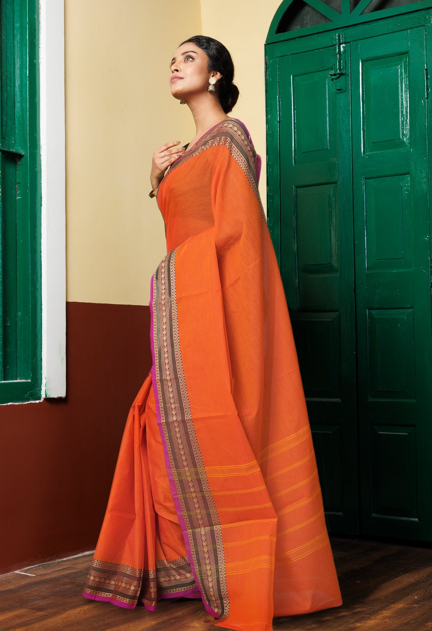 Orange Pure Pavani Handcrafted Kanchi Cotton Saree-UNM82718