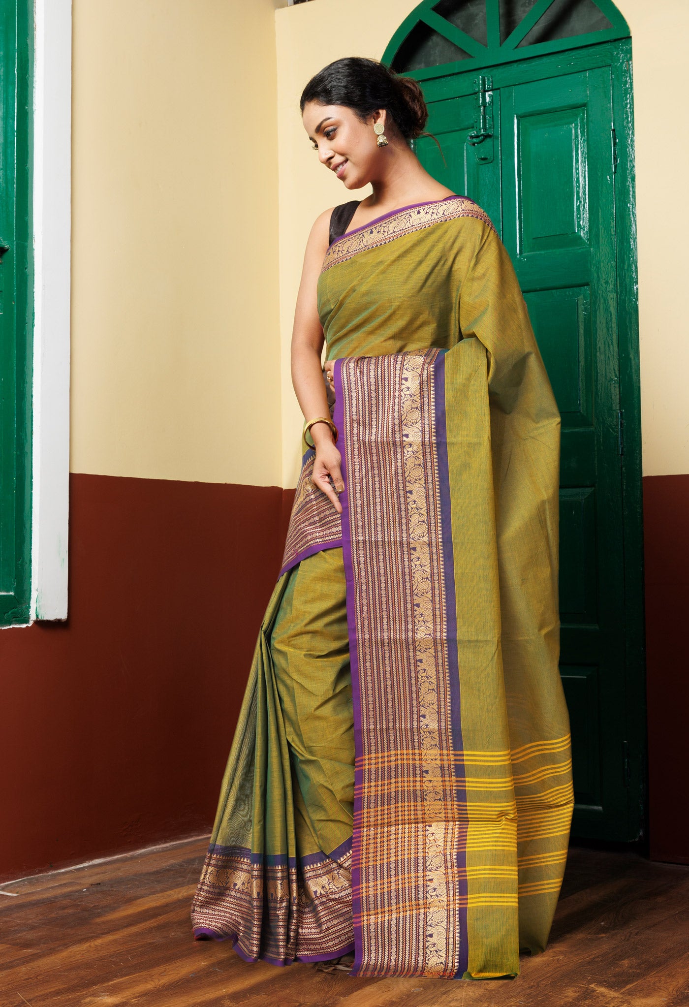 Mehindi Green Pure Pavani Handcrafted Kanchi Cotton Saree-UNM82733