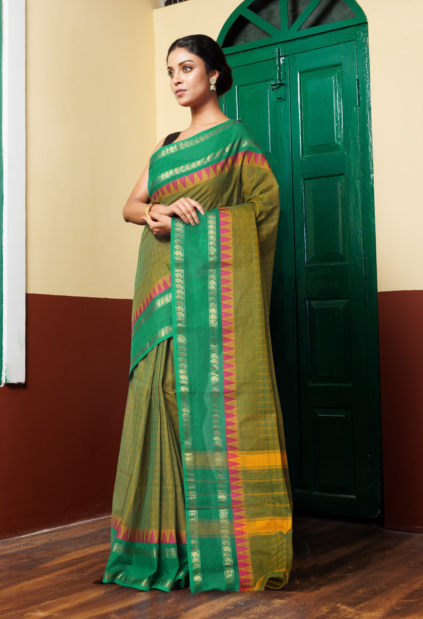 Mehindi Green Pure Pure Pavani Handcrafted Kanchi Cotton Saree-UNM82739