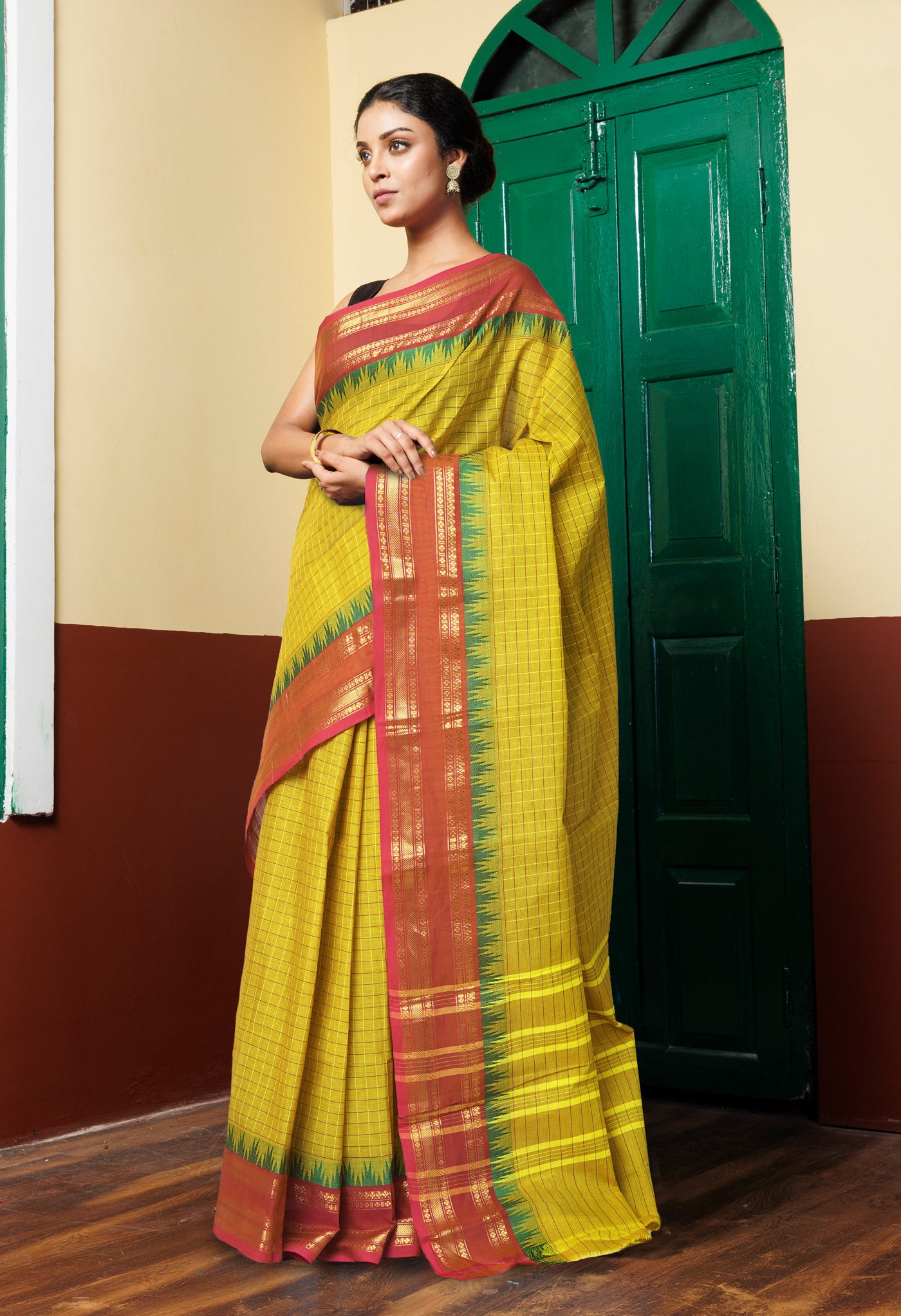 Lime Green Pure Pure Pavani Handcrafted Kanchi Cotton Saree-UNM82750