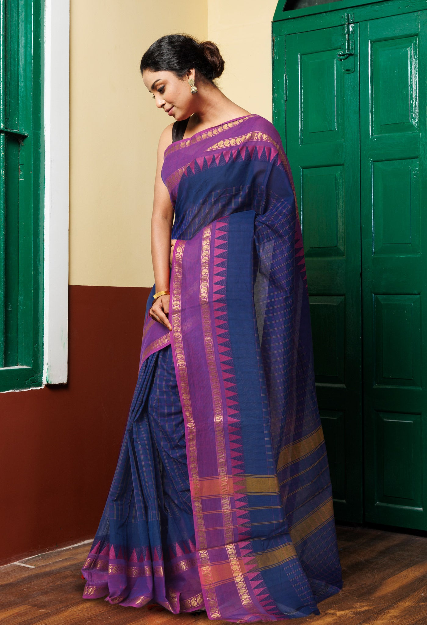 Navy Blue Pure Pavani Handcrafted Kanchi Cotton Saree-UNM82761