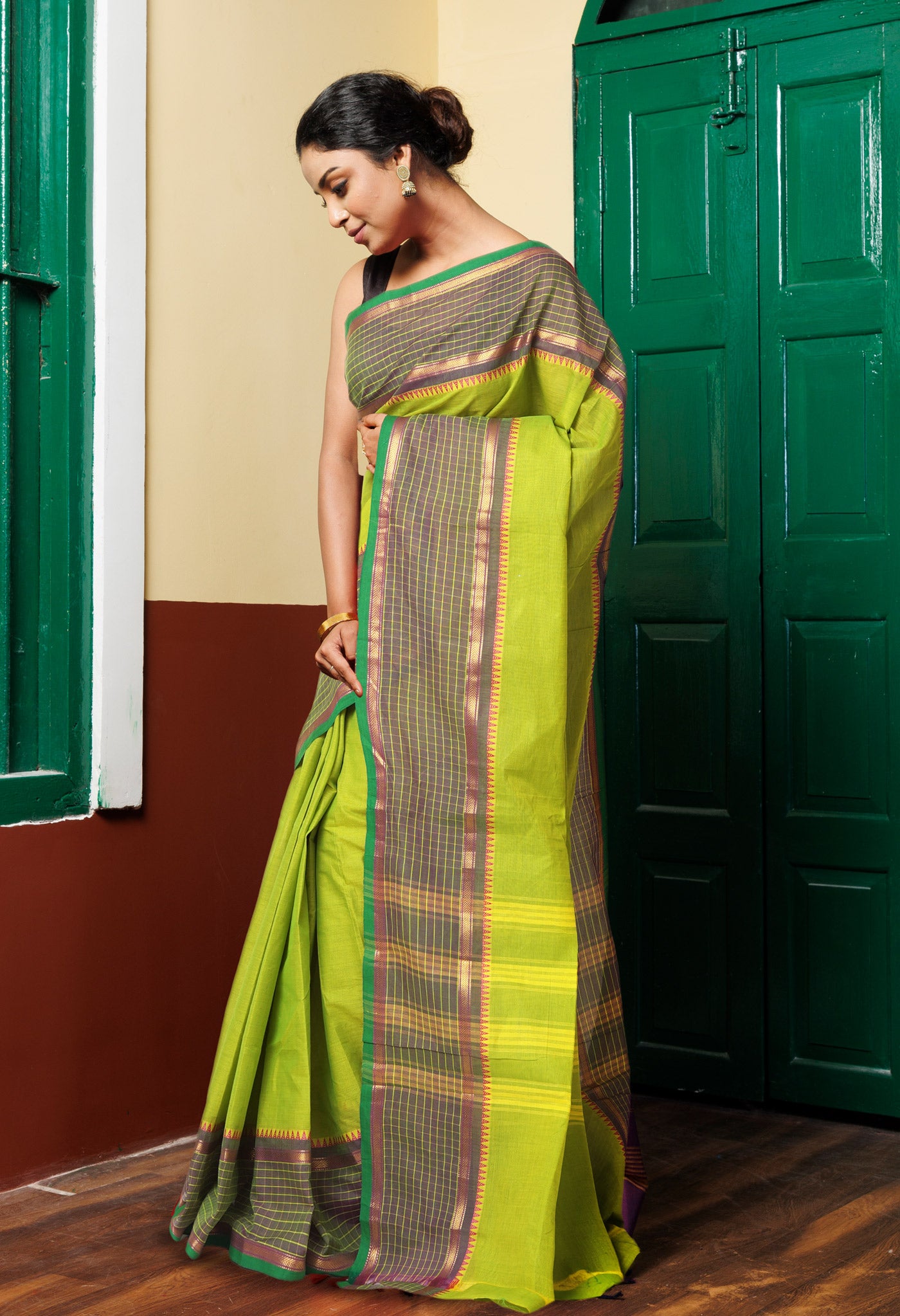 Lime Green Pure Pavani Handcrafted Kanchi Cotton Saree-UNM82770