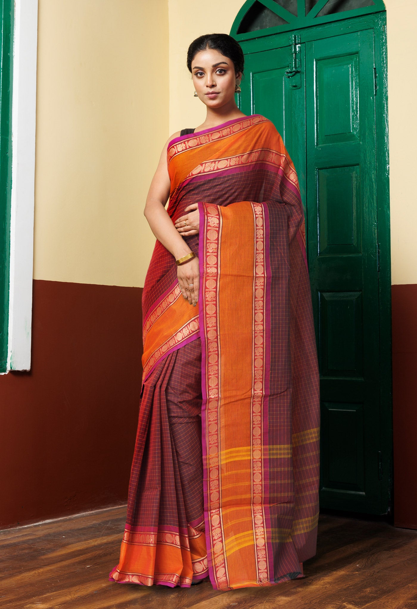 Burgundy Pure Pavani Handcrafted Kanchi Cotton Saree-UNM82795