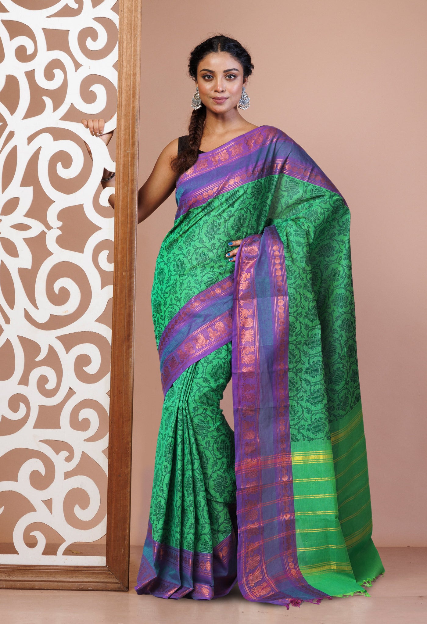 Green Pure Pavani Handcrafted Jacquard Chettinad Cotton Saree-UNM82800