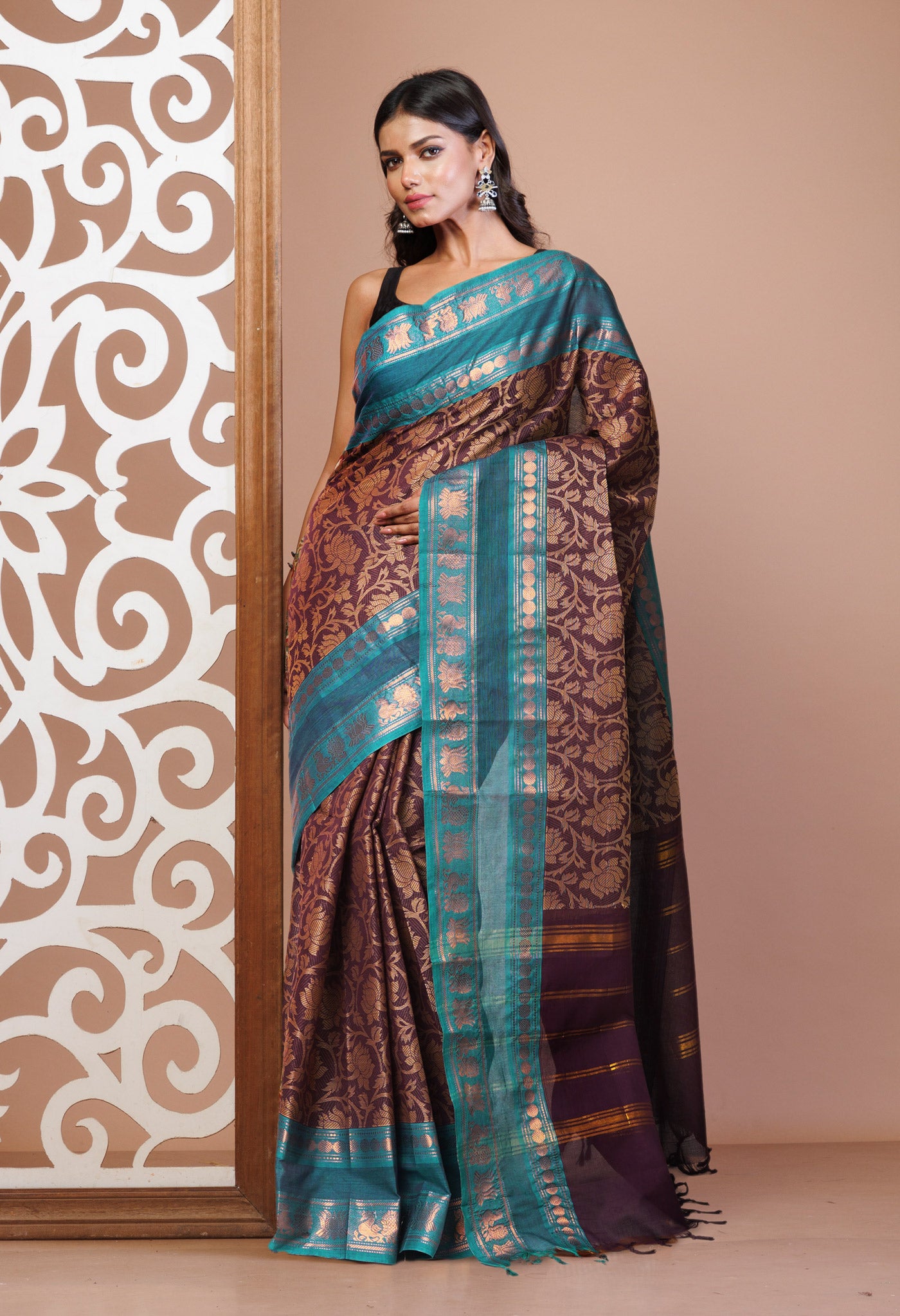 Dark Purple Pure Pavani Handcrafted Jacquard Chettinad Cotton Saree-UNM82803