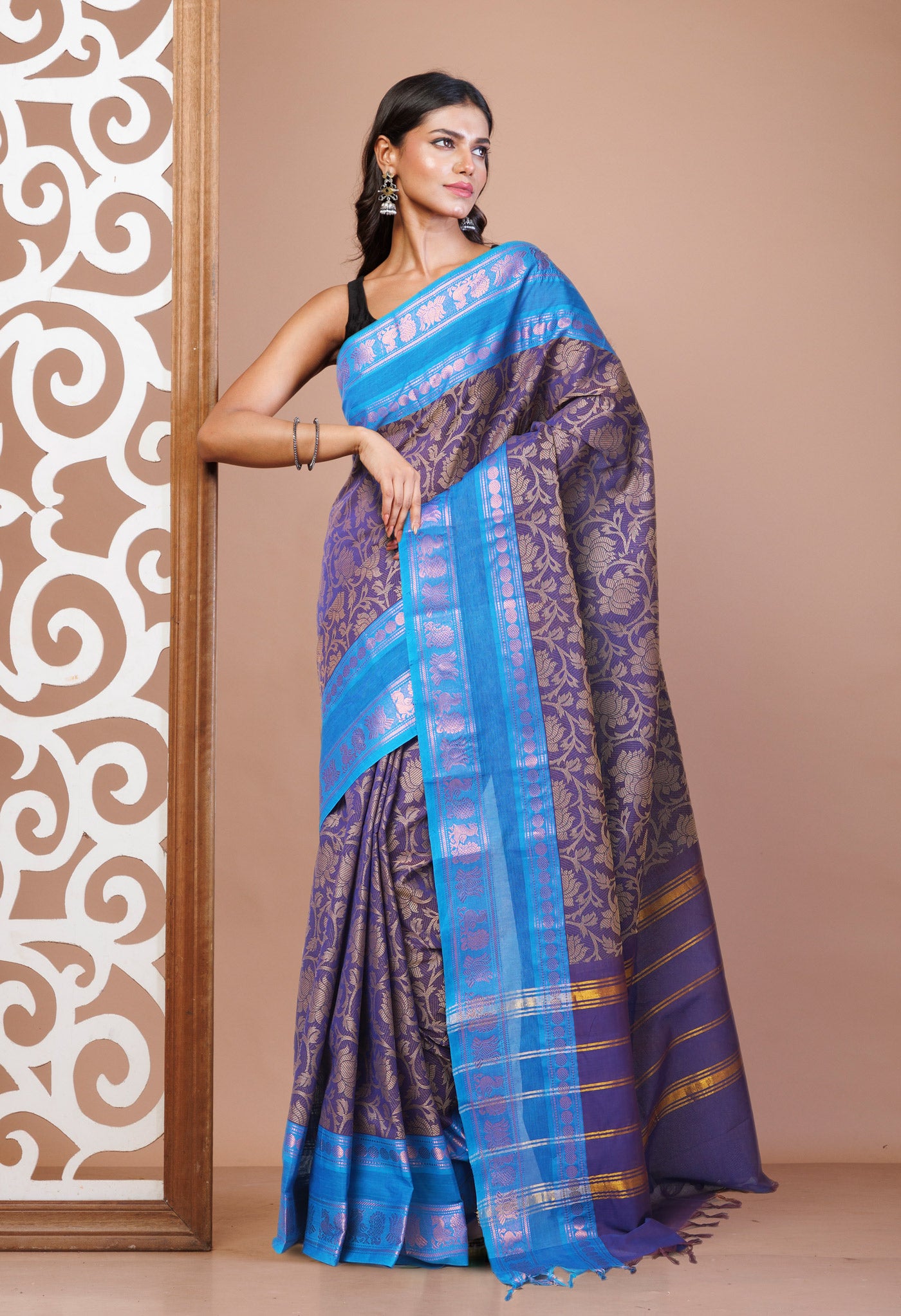 Violet Pure Pavani Handcrafted Jacquard Chettinad Cotton Saree-UNM82810