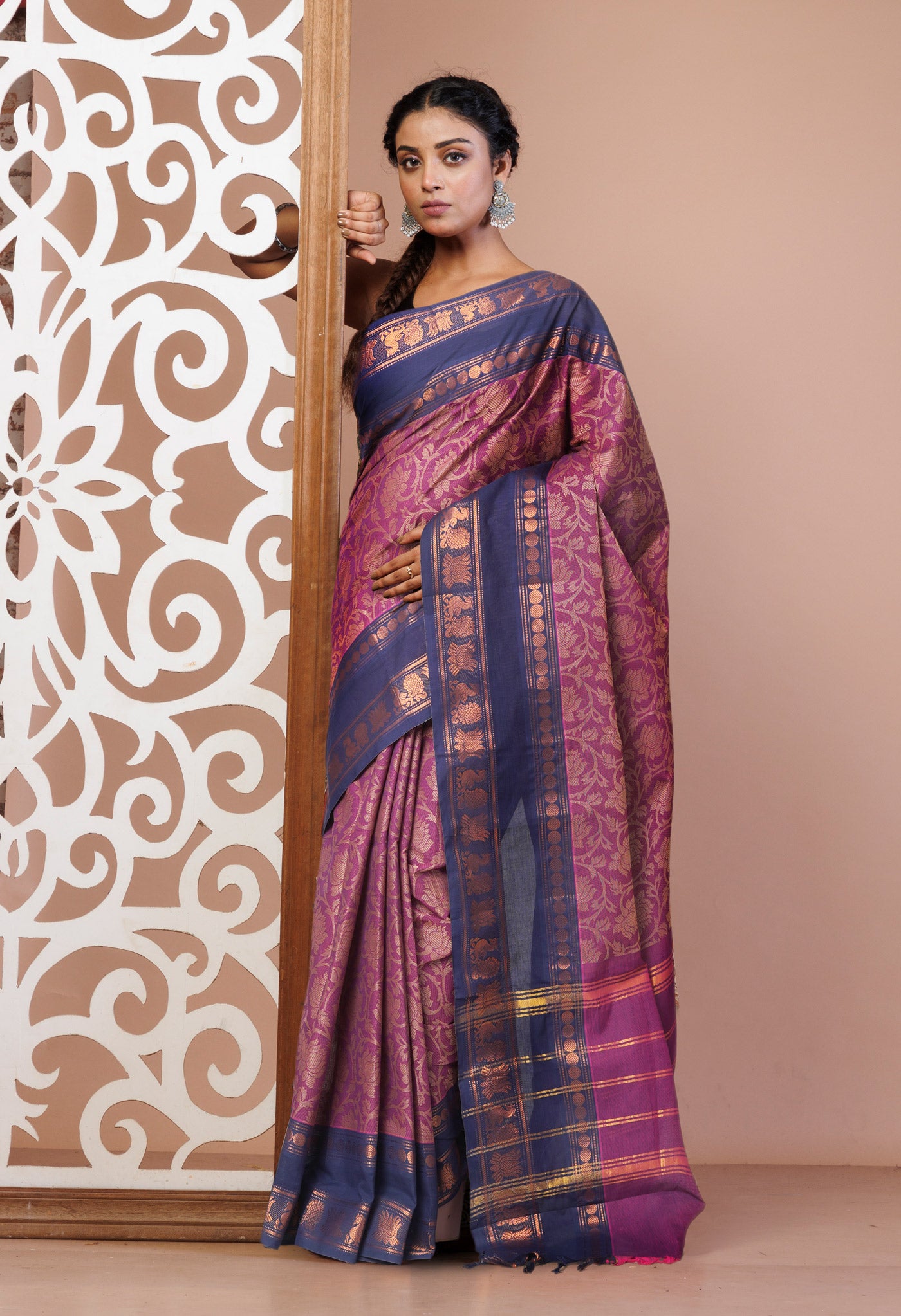 Pink Pure Pavani Handcrafted Jacquard Chettinad Cotton Saree-UNM82813