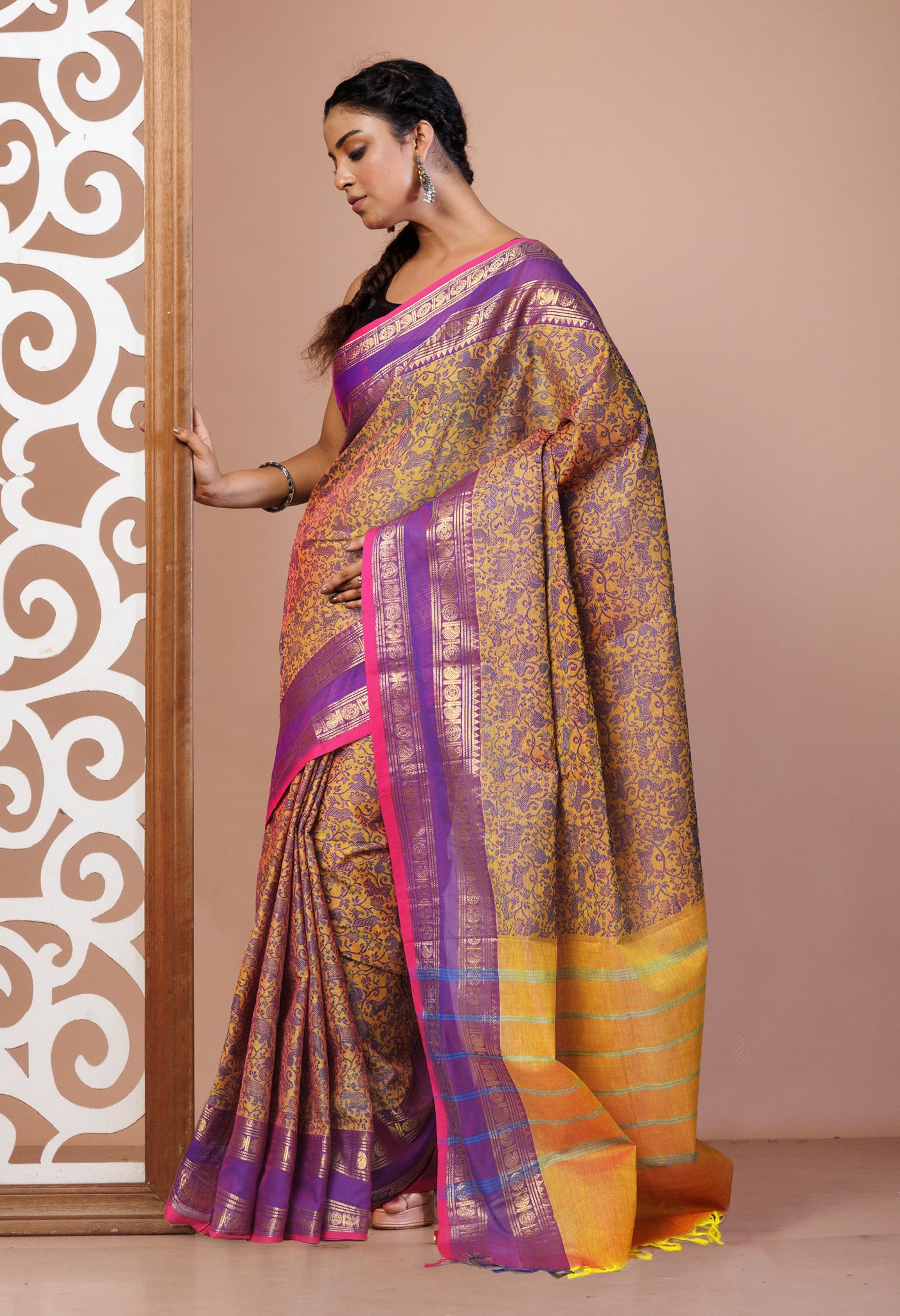 Yellow Pure Pavani Handcrafted Jacquard Chettinad Cotton Saree-UNM82816