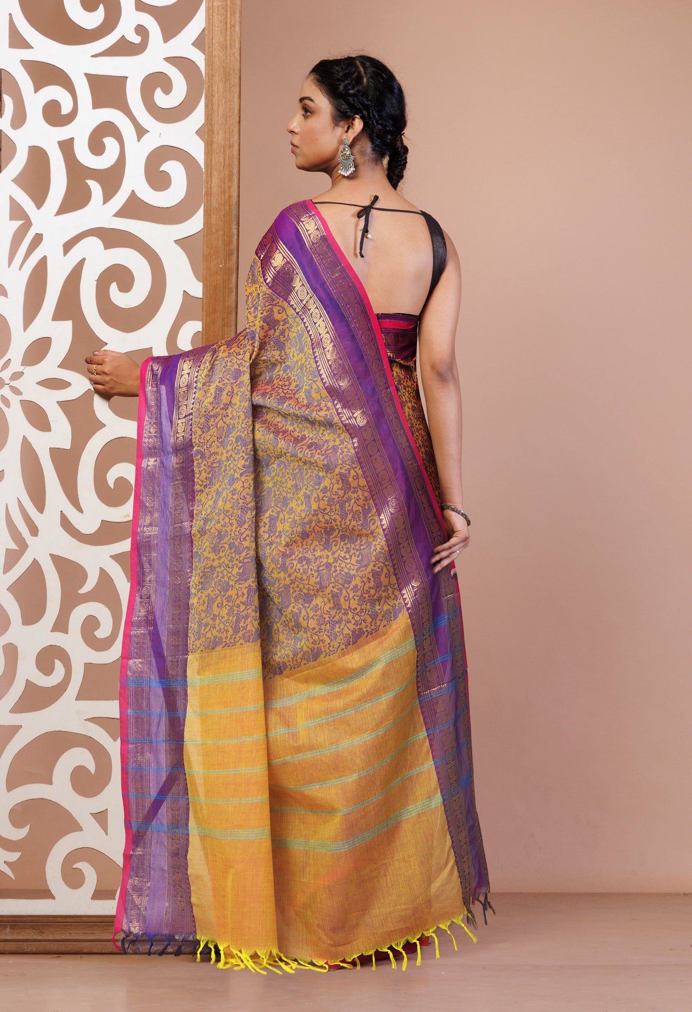 Yellow Pure Pavani Handcrafted Jacquard Chettinad Cotton Saree-UNM82816
