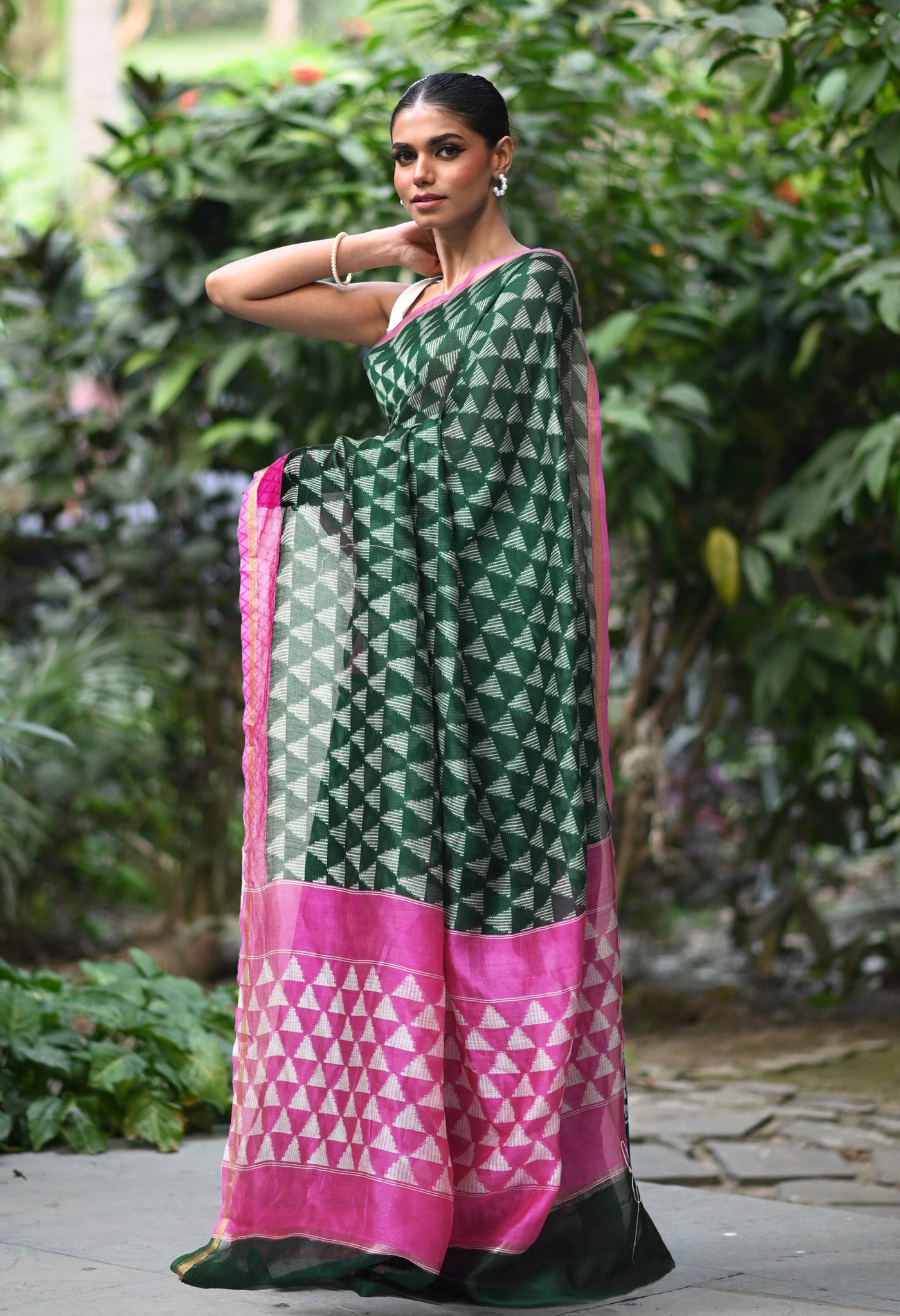 Green-Pink Pure Designer Printed Chanderi Sico Saree-UNM82855
