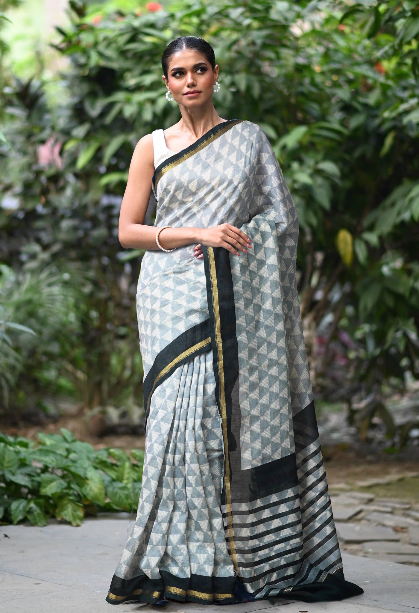 Grey-Black Pure Designer Printed Chanderi Sico Saree-UNM82856