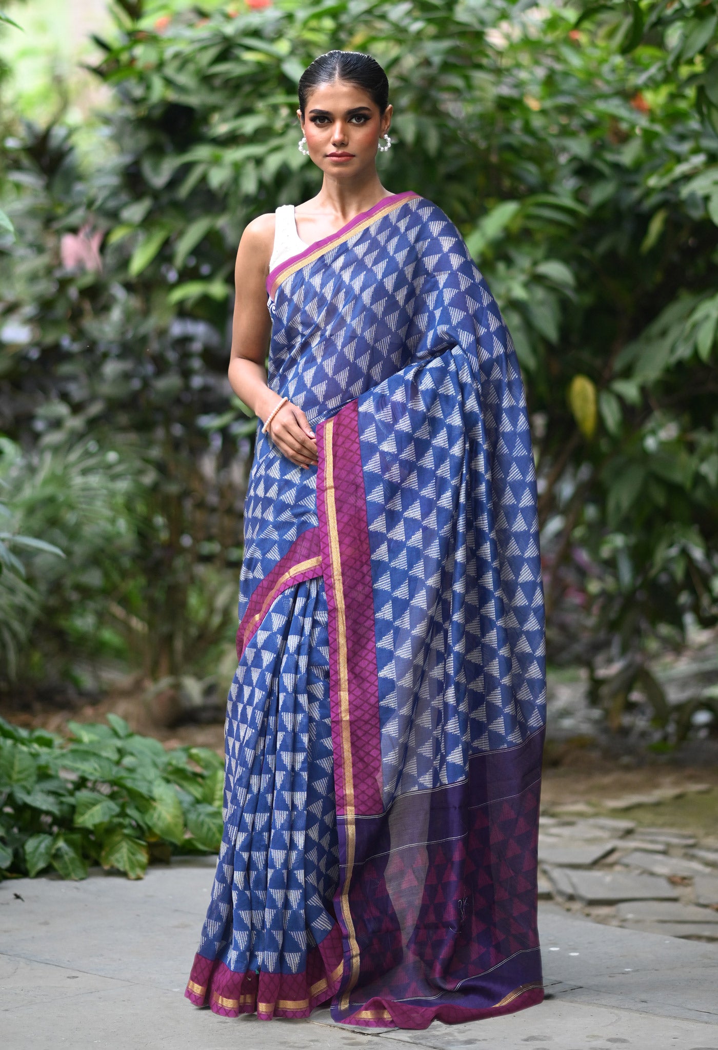 Navy Blue-Purple Pure Designer Printed Chanderi Sico Saree-UNM82857