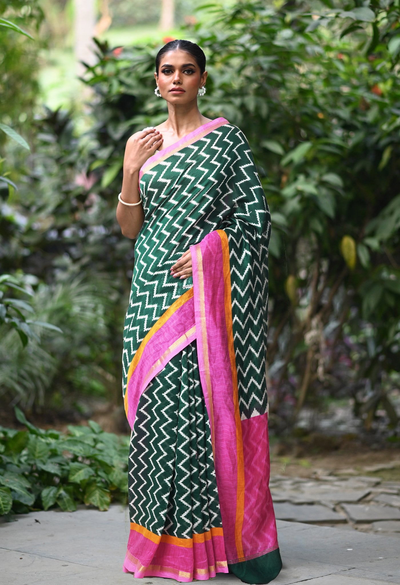 Green-Pink Pure Designer Printed Chanderi Sico Saree-UNM82863