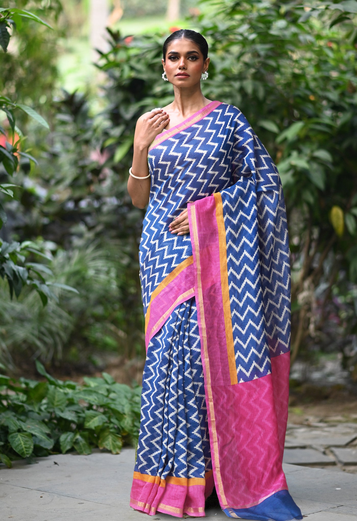 Navy Blue-Pink Pure Designer Printed Chanderi Sico Saree-UNM82865