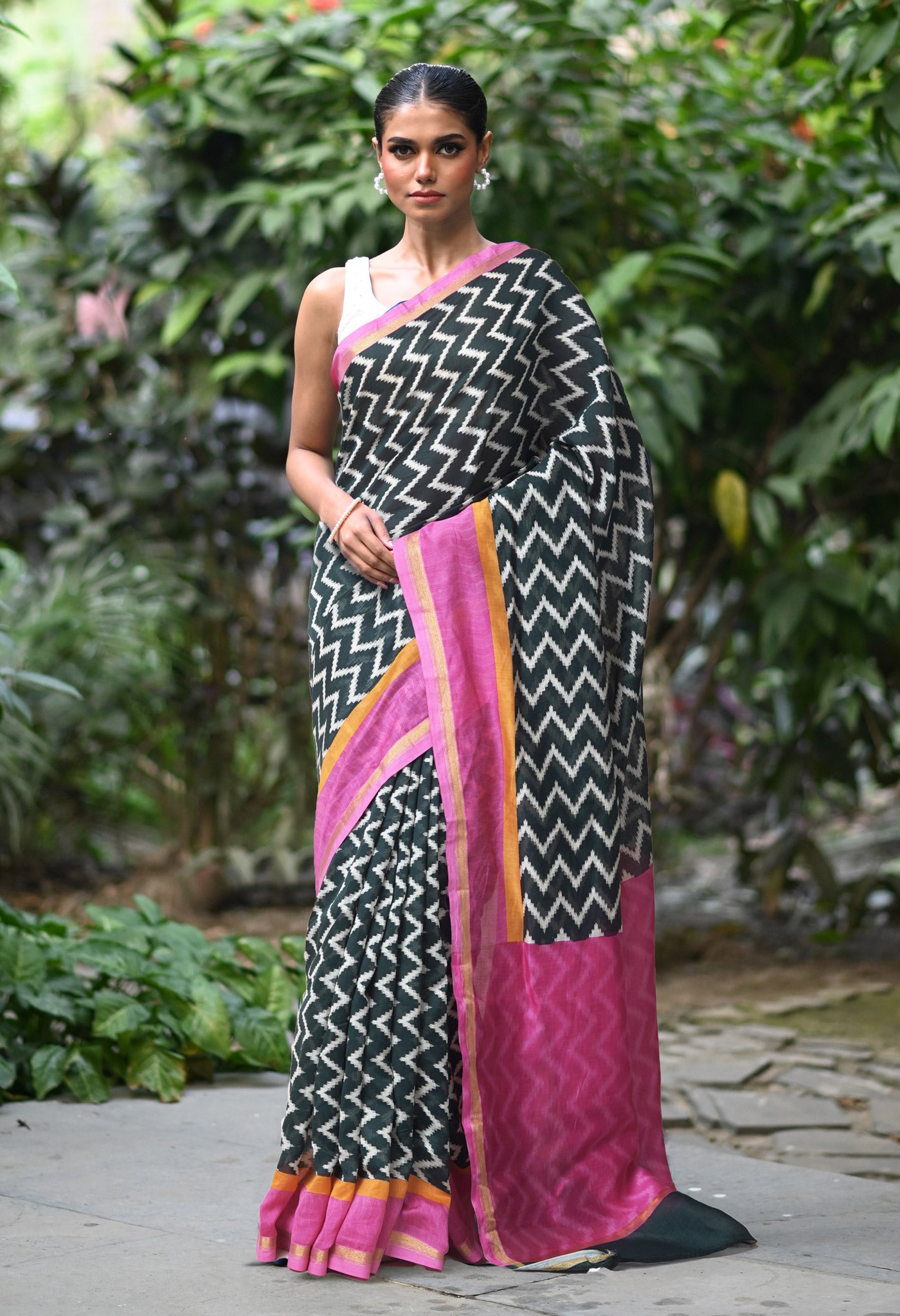 Black-Pink Pure Designer Printed Chanderi Sico Saree-UNM82866