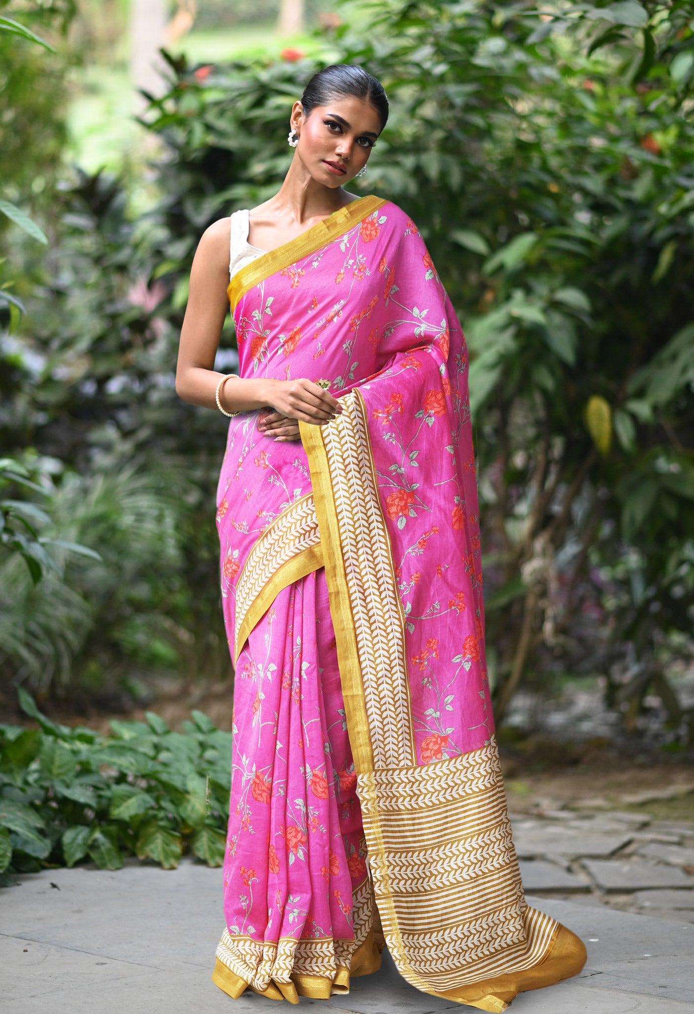 Pink Brown Pure Designer Printed Chanderi Sico Saree-UNM82871