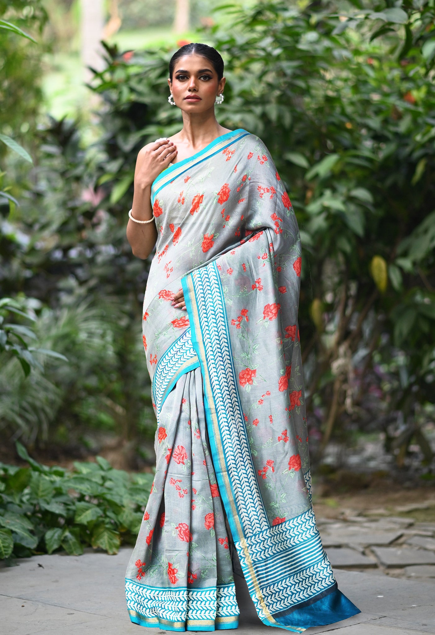 Grey-Blue Pure Designer Printed Chanderi Sico Saree-UNM82874