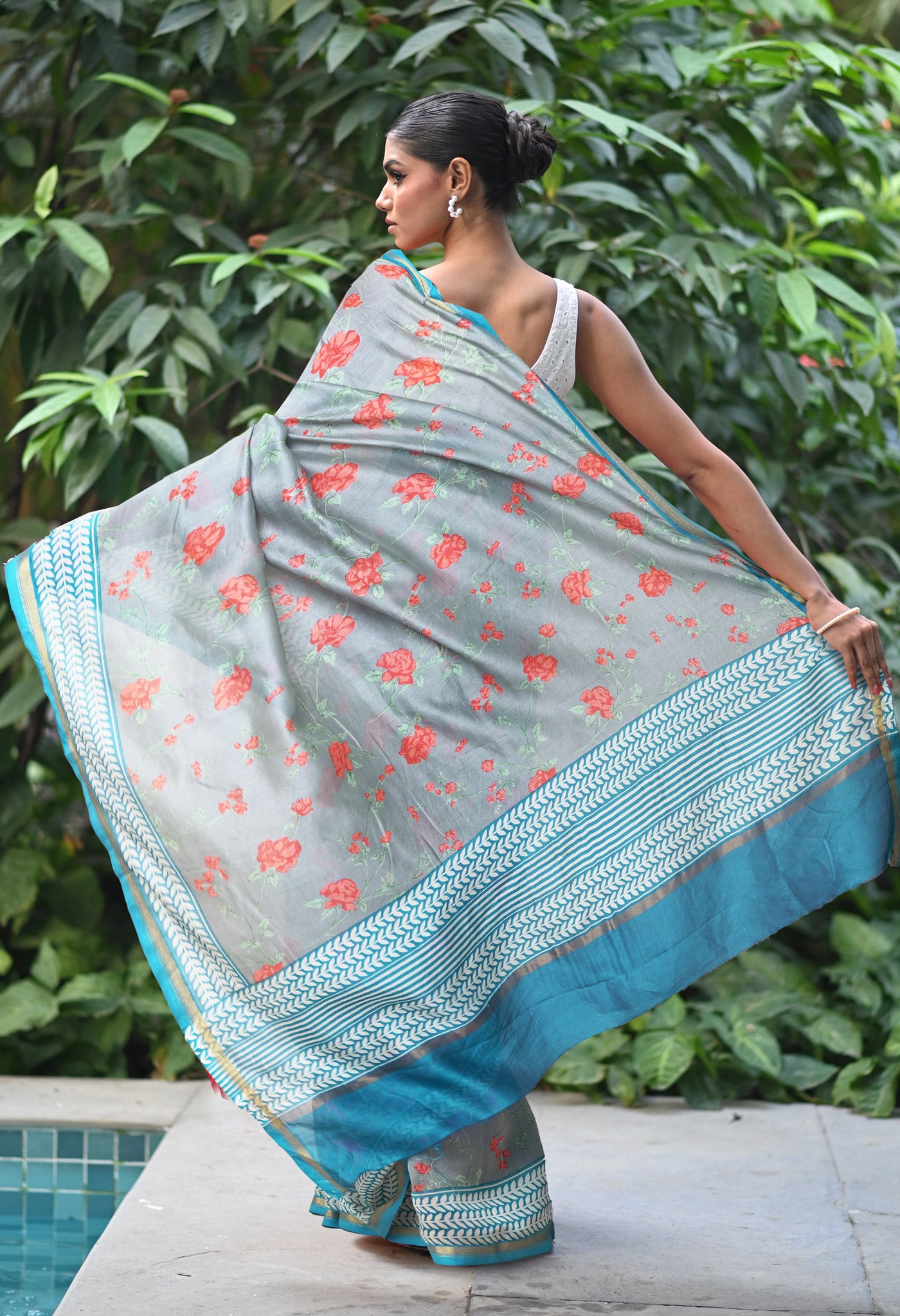 Grey-Blue Pure Designer Printed Chanderi Sico Saree-UNM82874