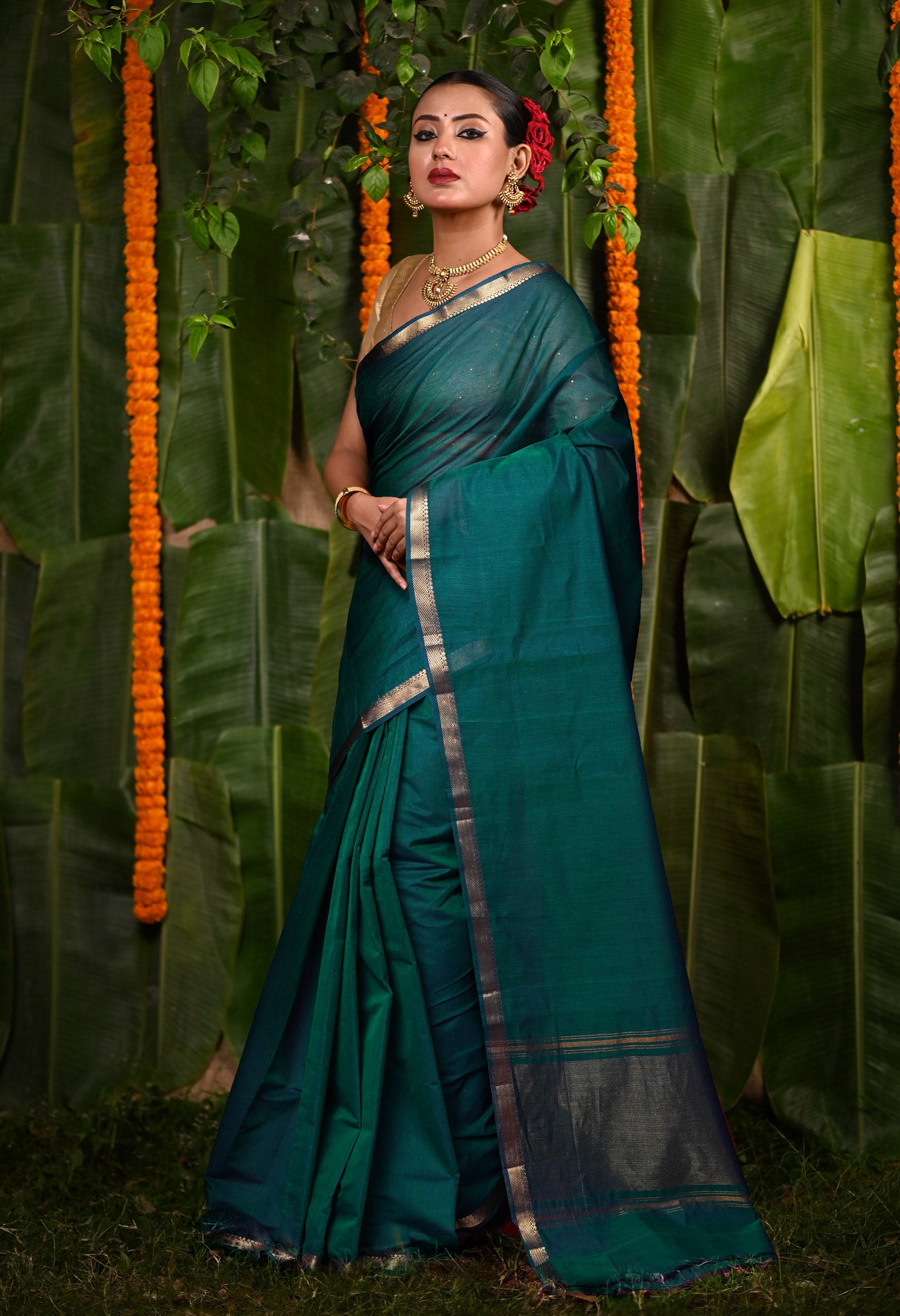 Bottel Green Pure Plain Mangalgiri Cotton Saree-UNM82880