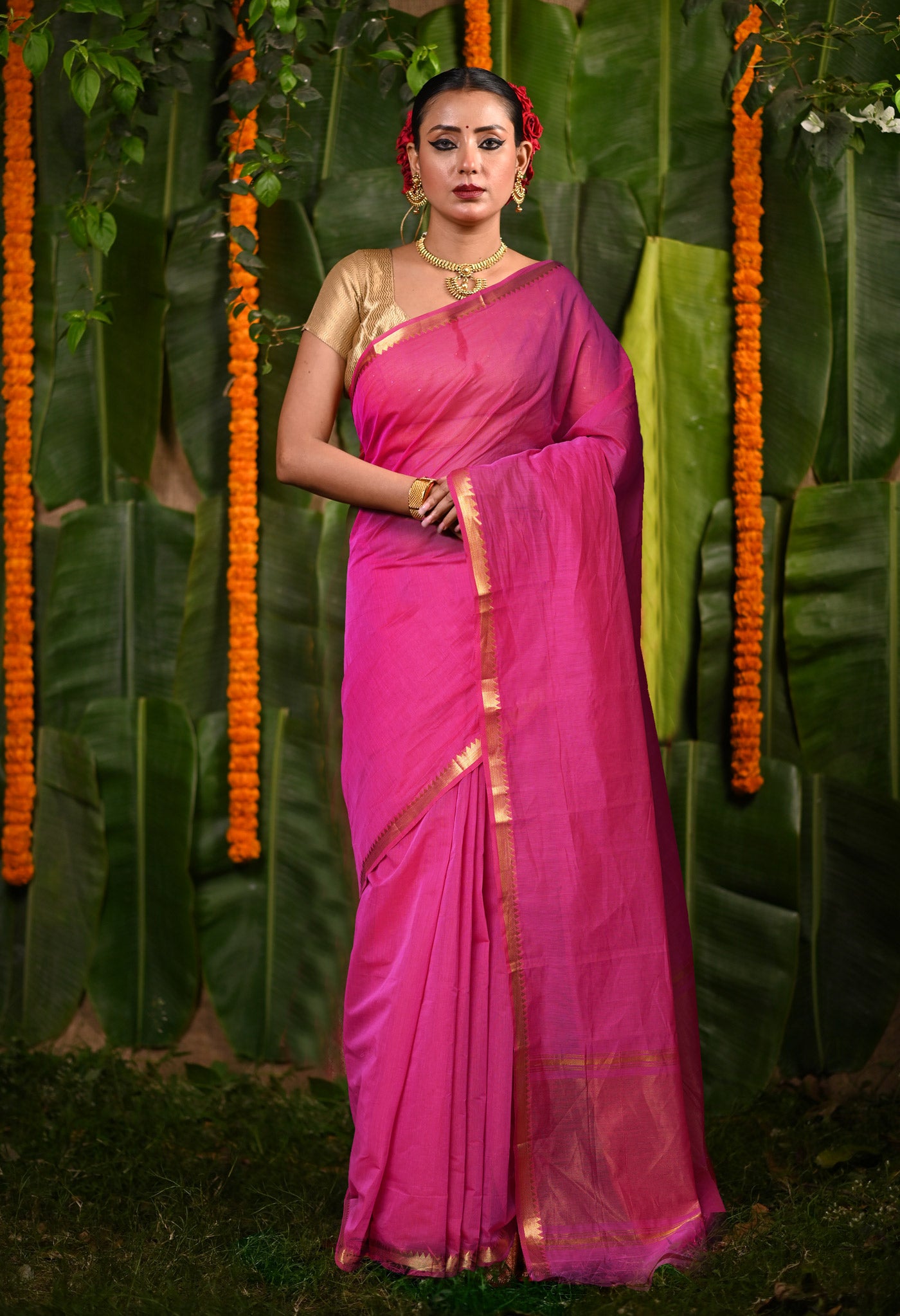 Pink Pure Plain Mangalgiri Cotton Saree-UNM82883