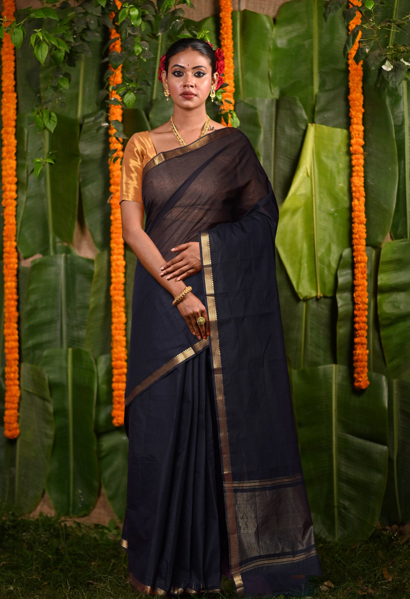 Black Pure Plain Mangalgiri Cotton Saree-UNM82885