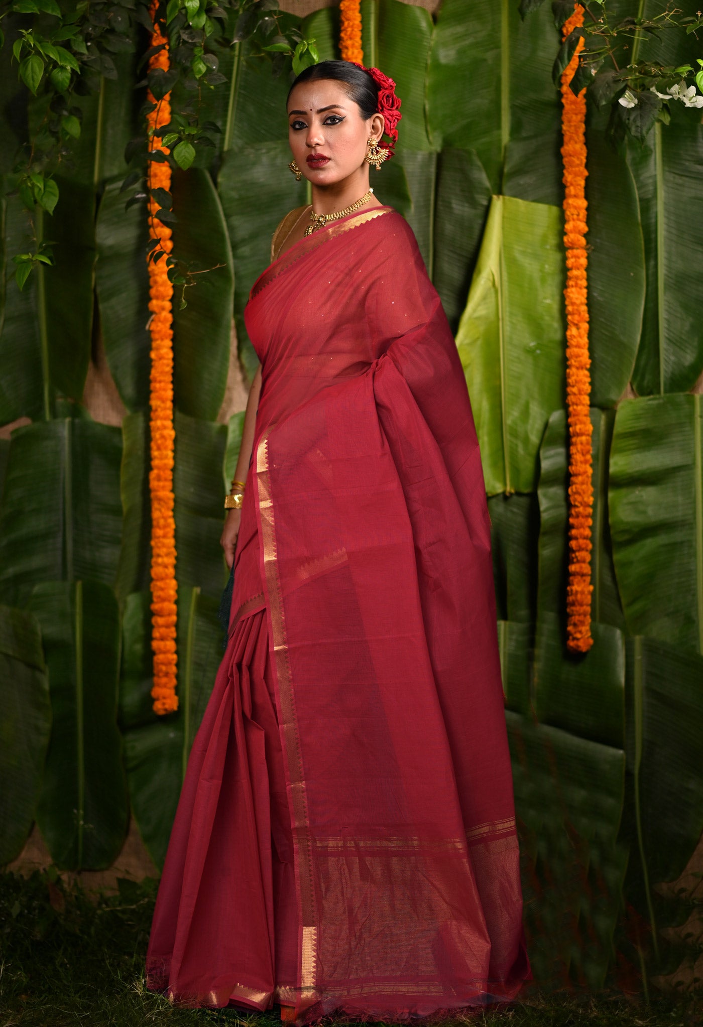 Red Pure Plain Mangalgiri Cotton Saree-UNM82891