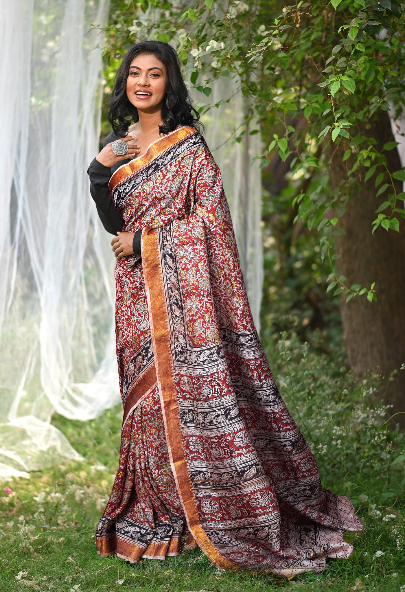 Red Pure Kalamkari Printed Soft Silk Saree-UNM82894
