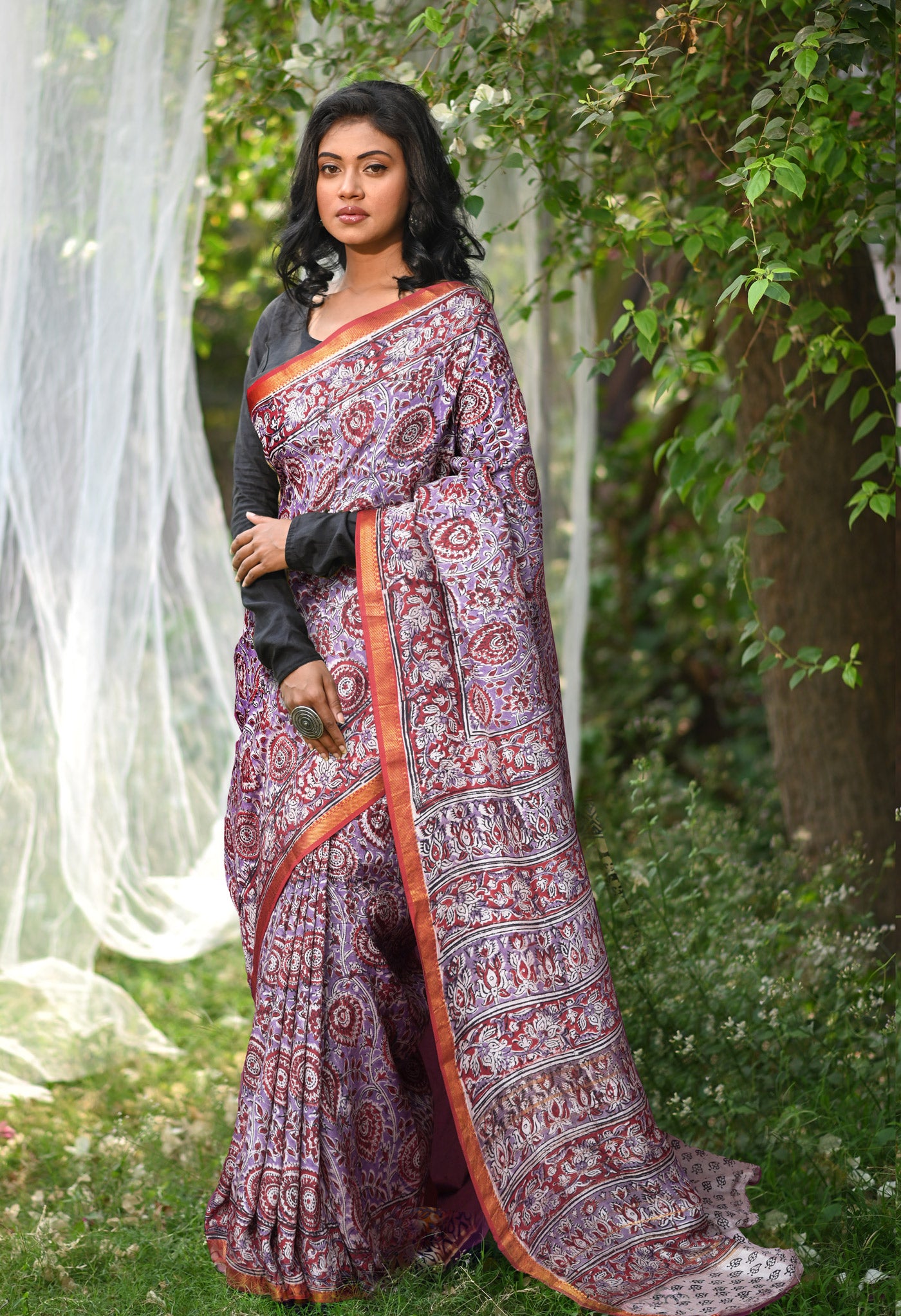 Lavender Pure Kalamkari Printed Soft Silk Saree-UNM82895