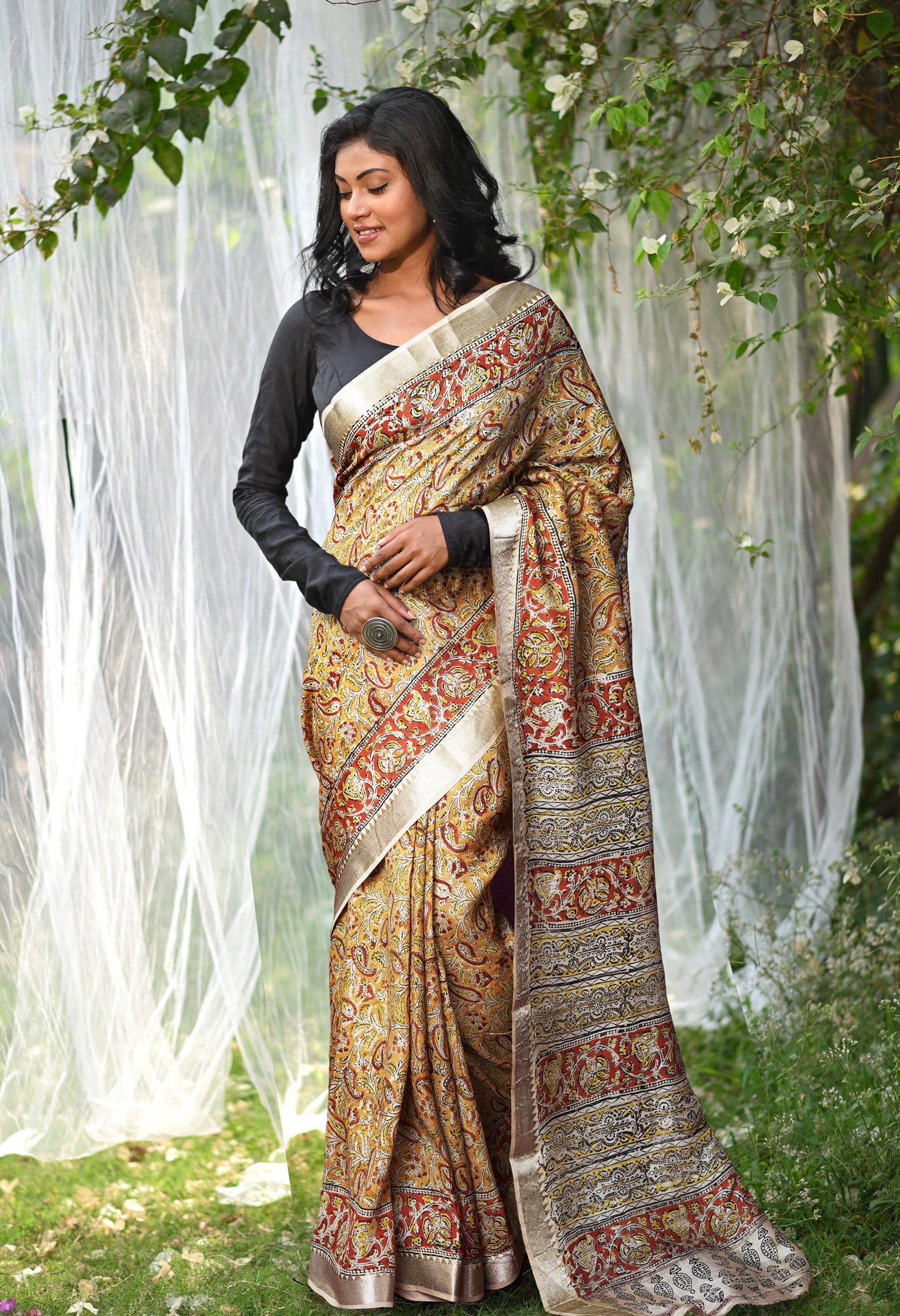 Yellow Pure Kalamkari Printed Soft Silk Saree-UNM82896