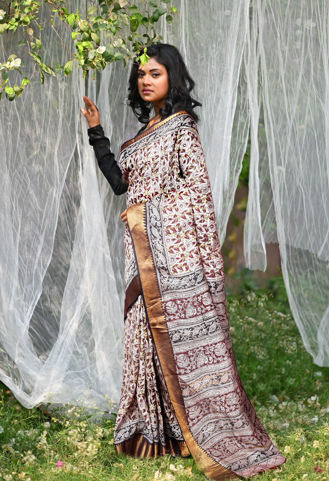 Cream Pure Kalamkari Printed Soft Silk Saree-UNM82898