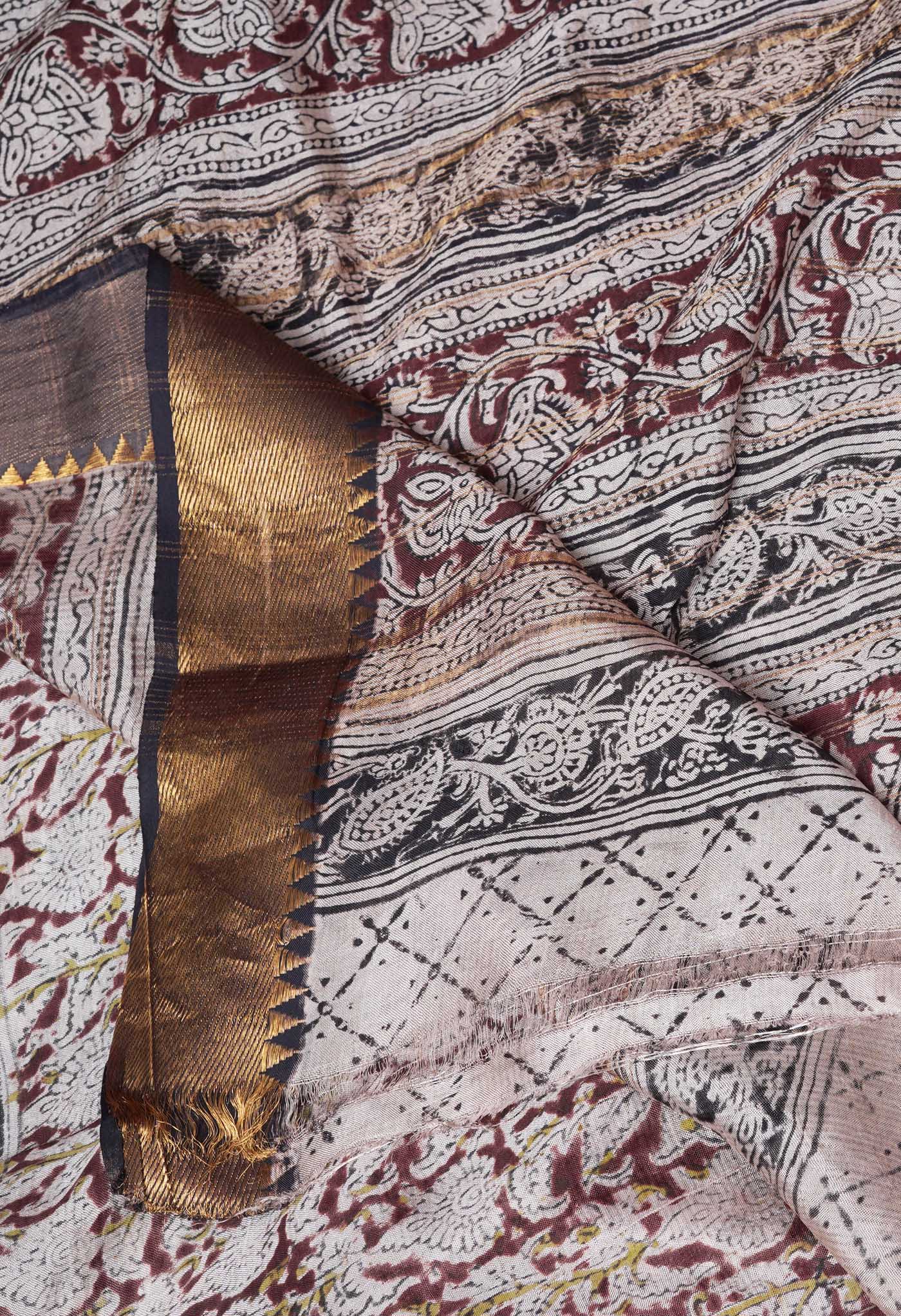 Cream Pure Kalamkari Printed Soft Silk Saree-UNM82898